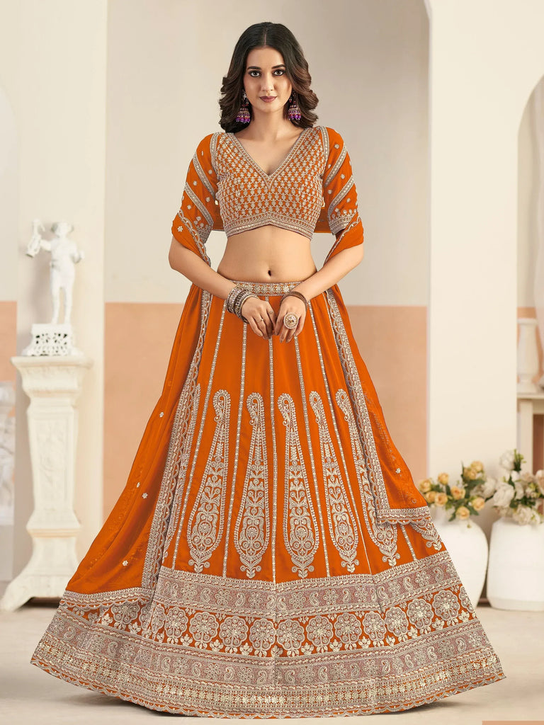 Splendid Orange Dori Embroidery Georgette Festive Wear Lehenga Choli