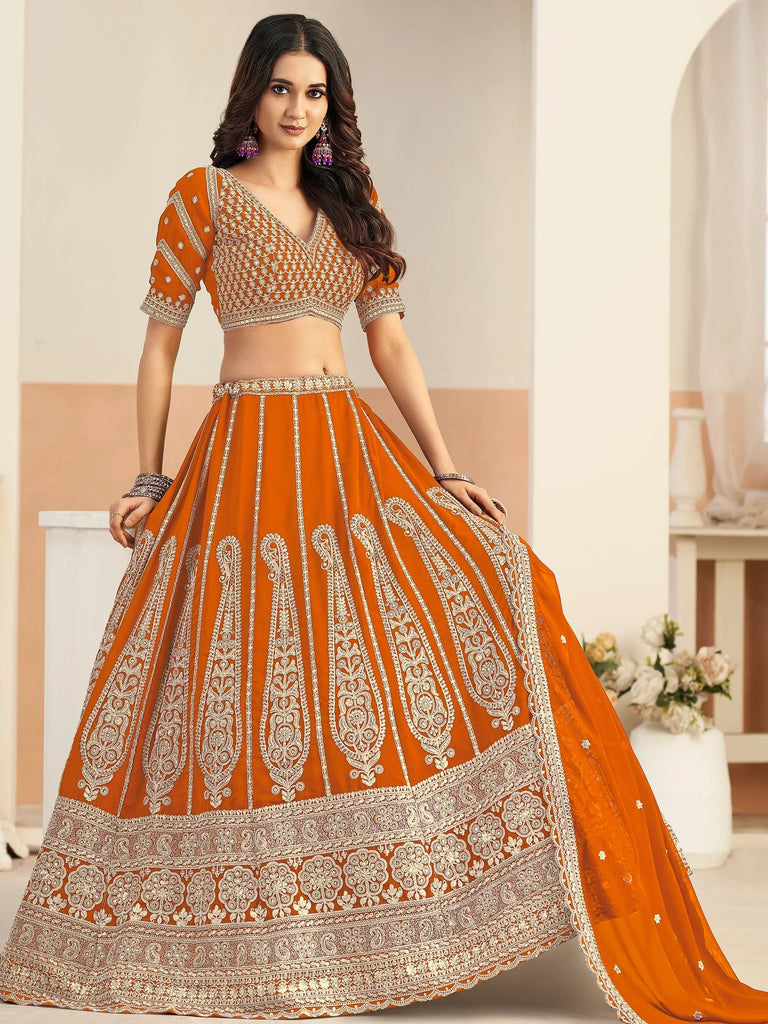 Splendid Orange Dori Embroidery Georgette Festive Wear Lehenga Choli