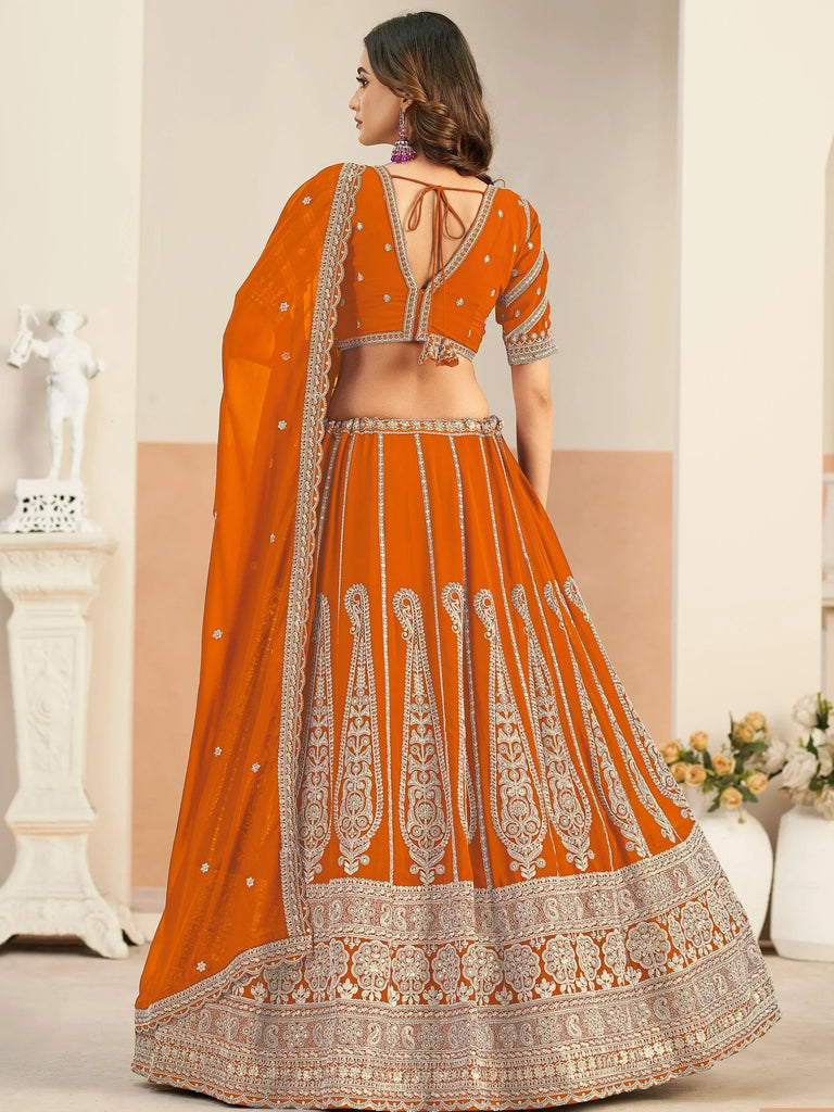 Splendid Orange Dori Embroidery Georgette Festive Wear Lehenga Choli