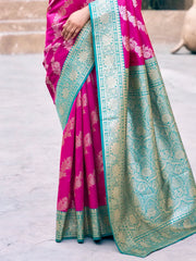 Wonderful Hot Pink Zari Weaving Silk Traditional Saree With Blouse