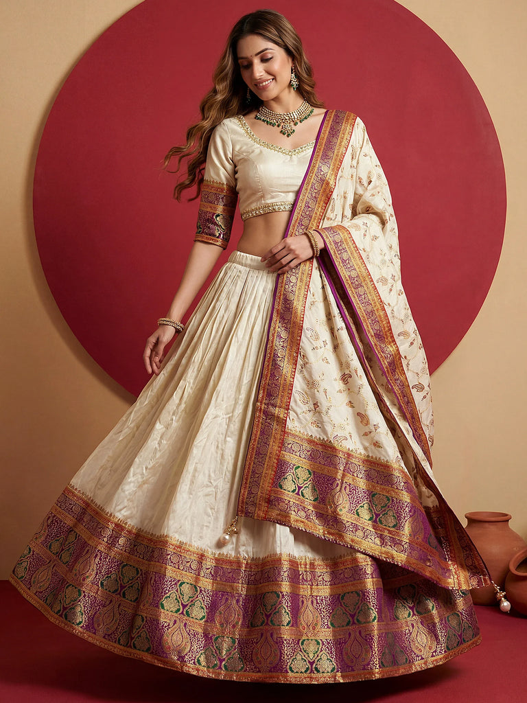 Aesthetics Off-White Zari Weaving Viscose Silk Traditional Lehenga Choli