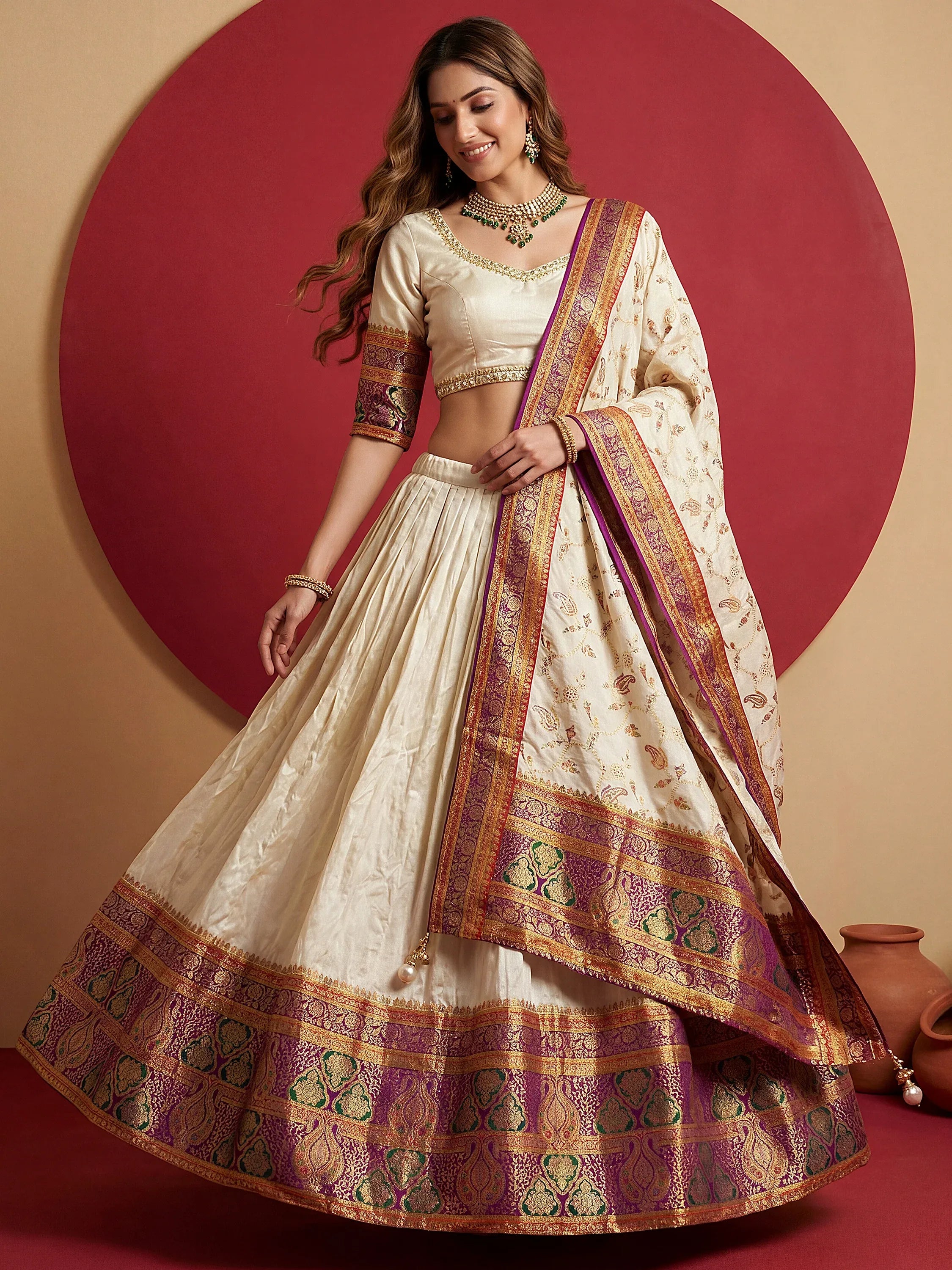 Aesthetics Off-White Zari Weaving Viscose Silk Traditional Lehenga Choli