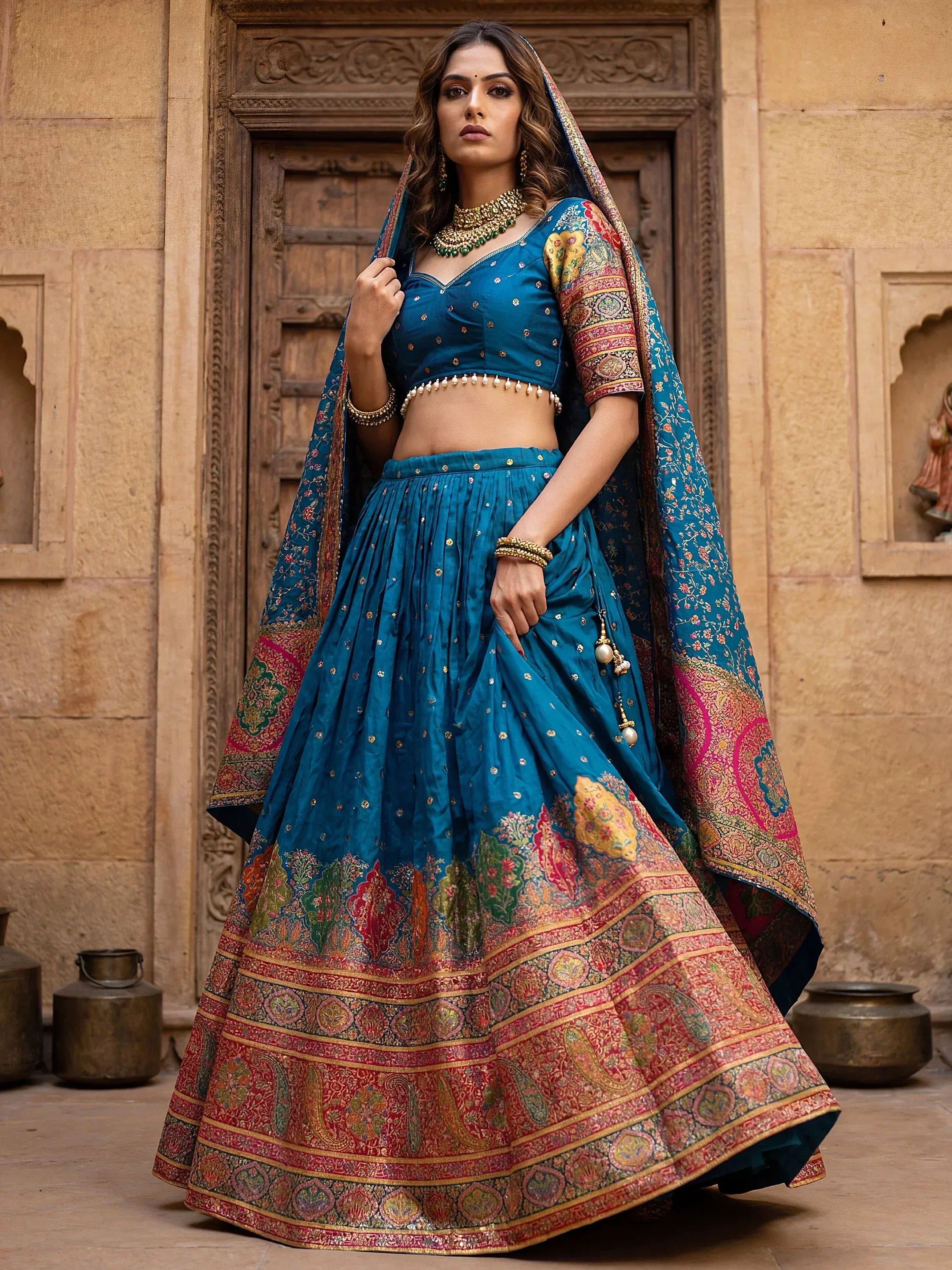 Fabulous Teal Blue Zari Weaving Silk Reception Wear Lehenga Choli