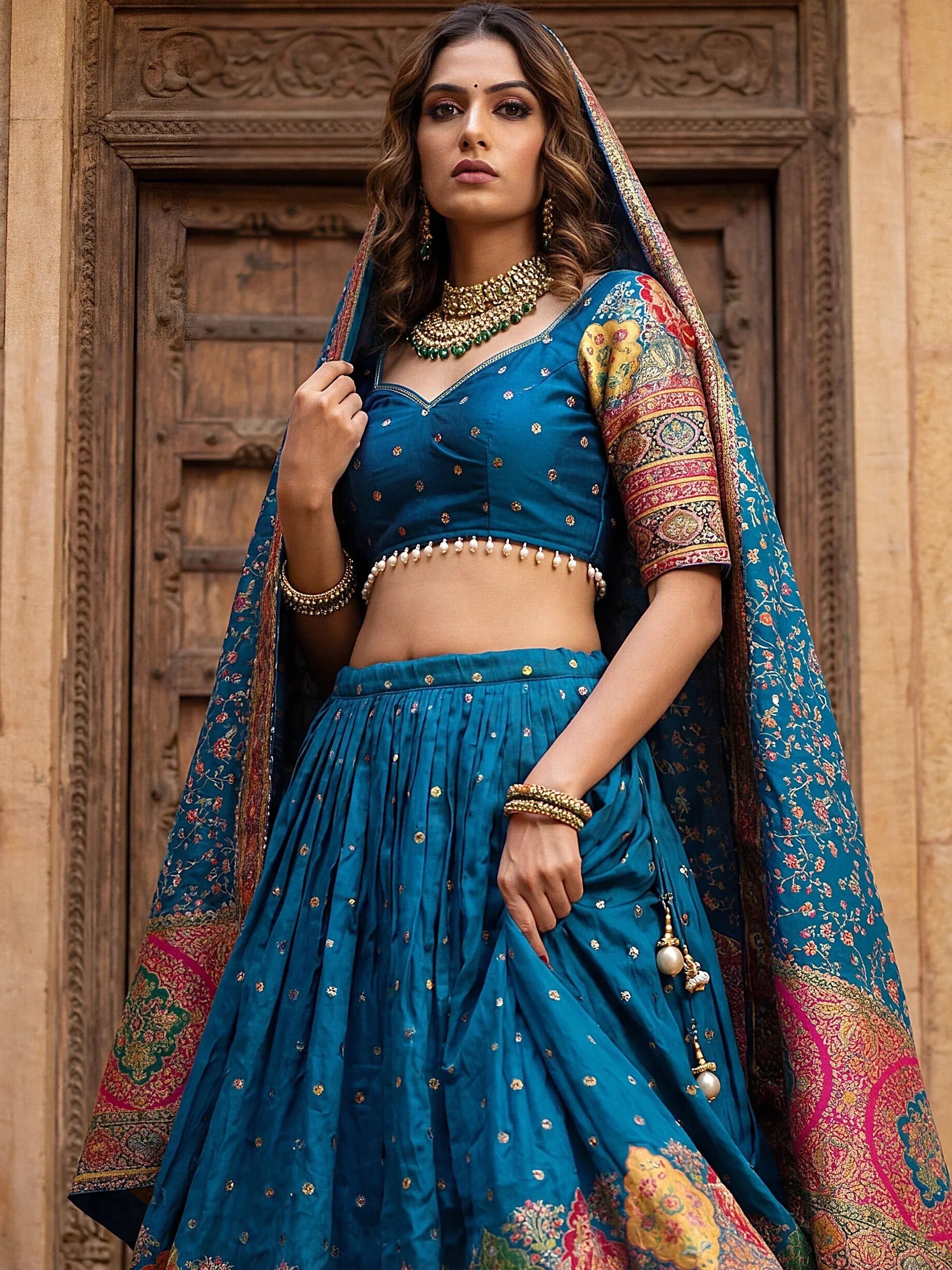 Fabulous Teal Blue Zari Weaving Silk Reception Wear Lehenga Choli