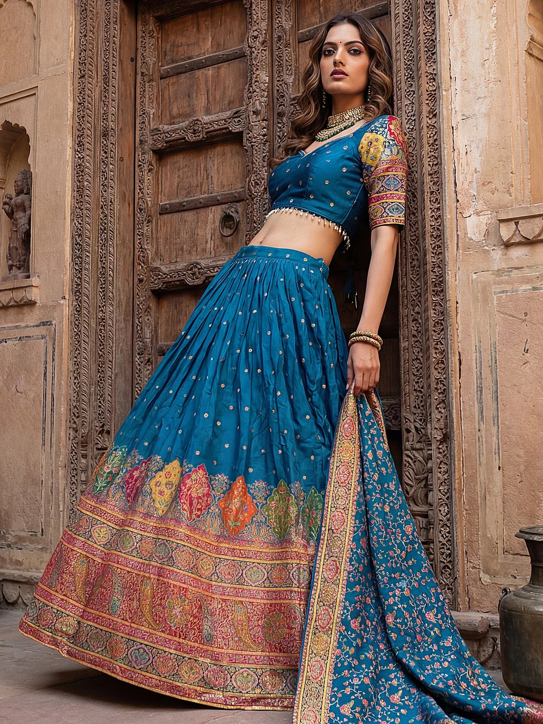 Fabulous Teal Blue Zari Weaving Silk Reception Wear Lehenga Choli