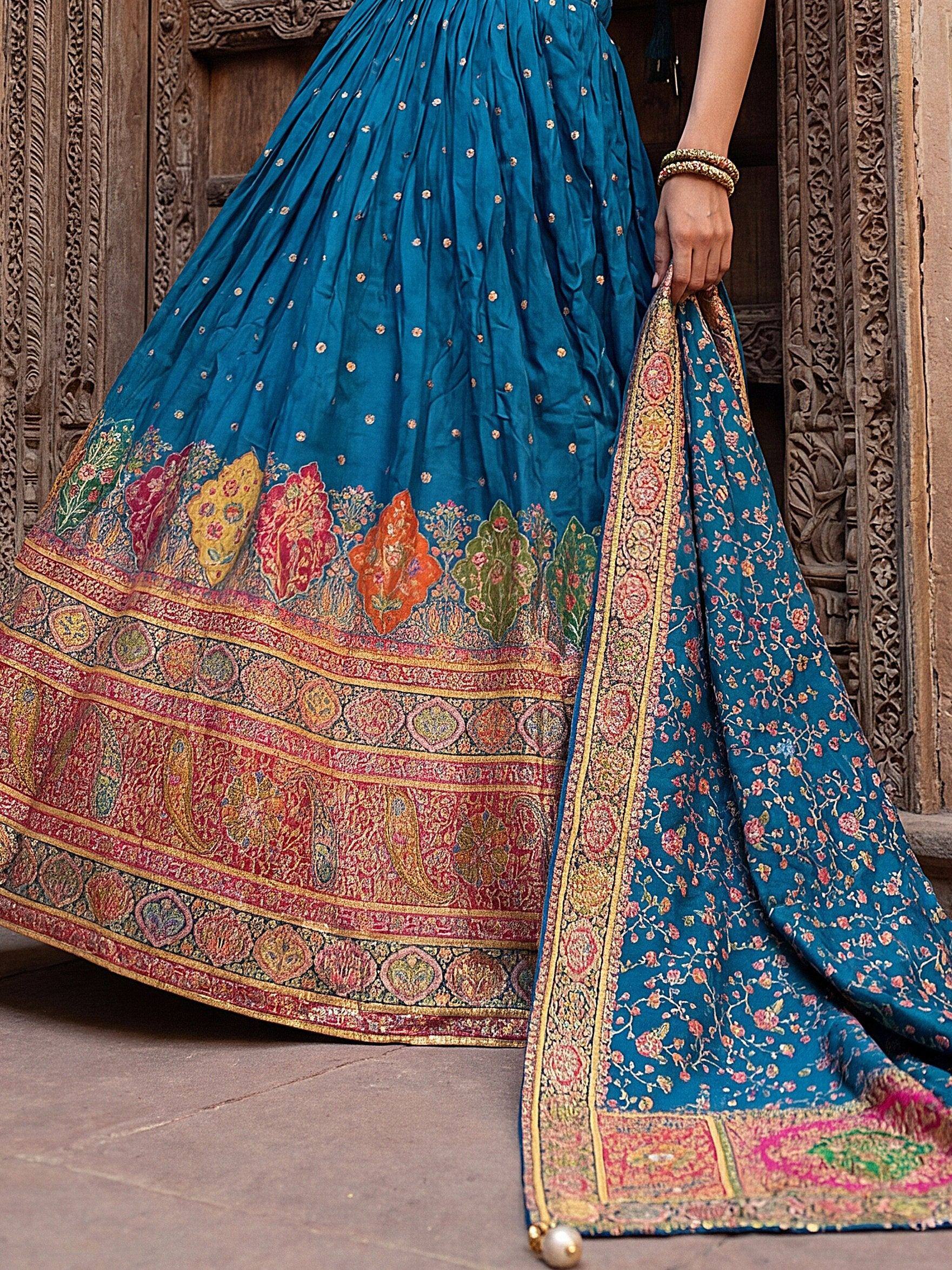 Fabulous Teal Blue Zari Weaving Silk Reception Wear Lehenga Choli
