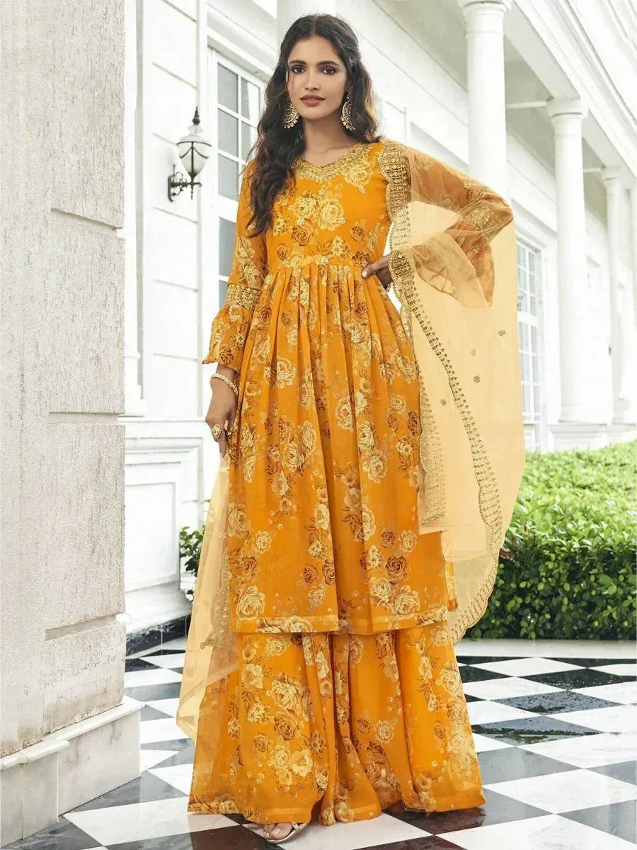 Yellow floral printed ethnic salwar kameez with dupatta, perfect for festive occasions