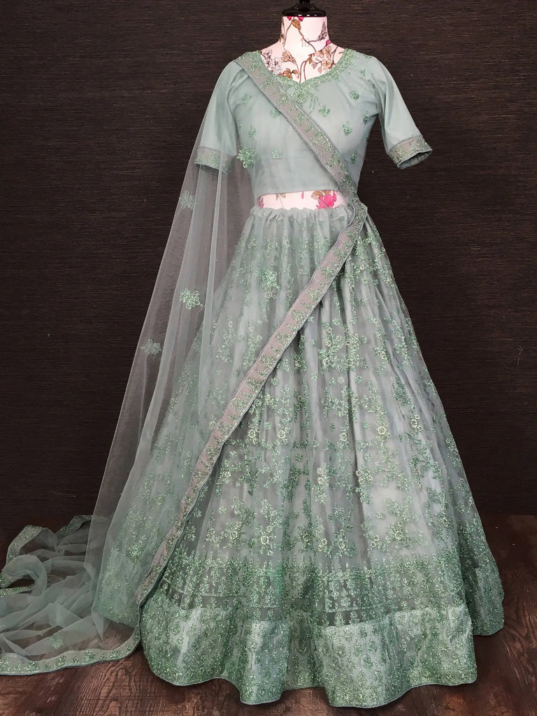 Pretty Pista Green Net Floral Embroidered Traditional Lehenga Choli