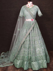 Pretty Pista Green Net Floral Embroidered Traditional Lehenga Choli