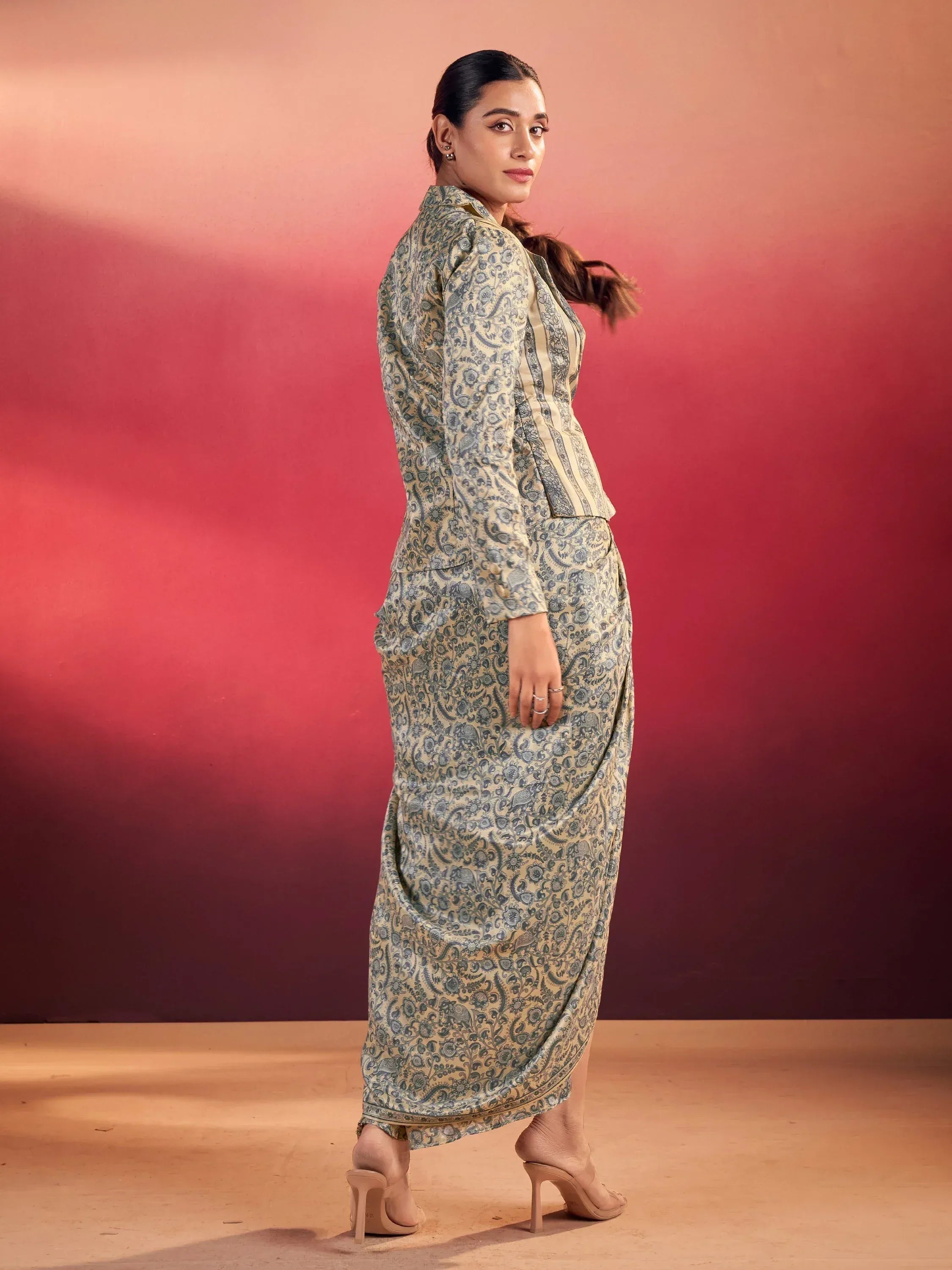 Gorgeous Blue Event Wear Crop Top With Drape Lehenga And Jacket