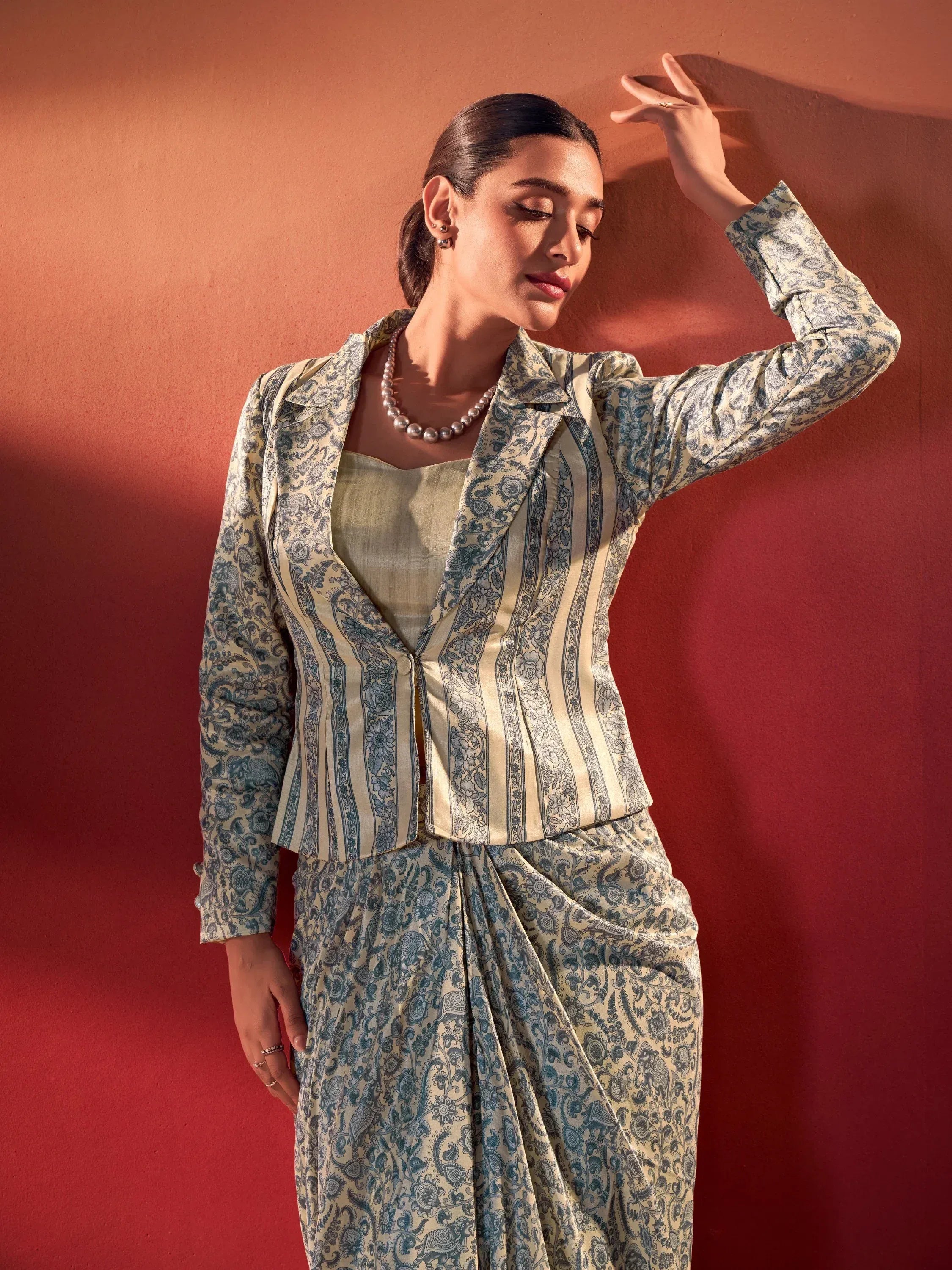 Gorgeous Blue Event Wear Crop Top With Drape Lehenga And Jacket
