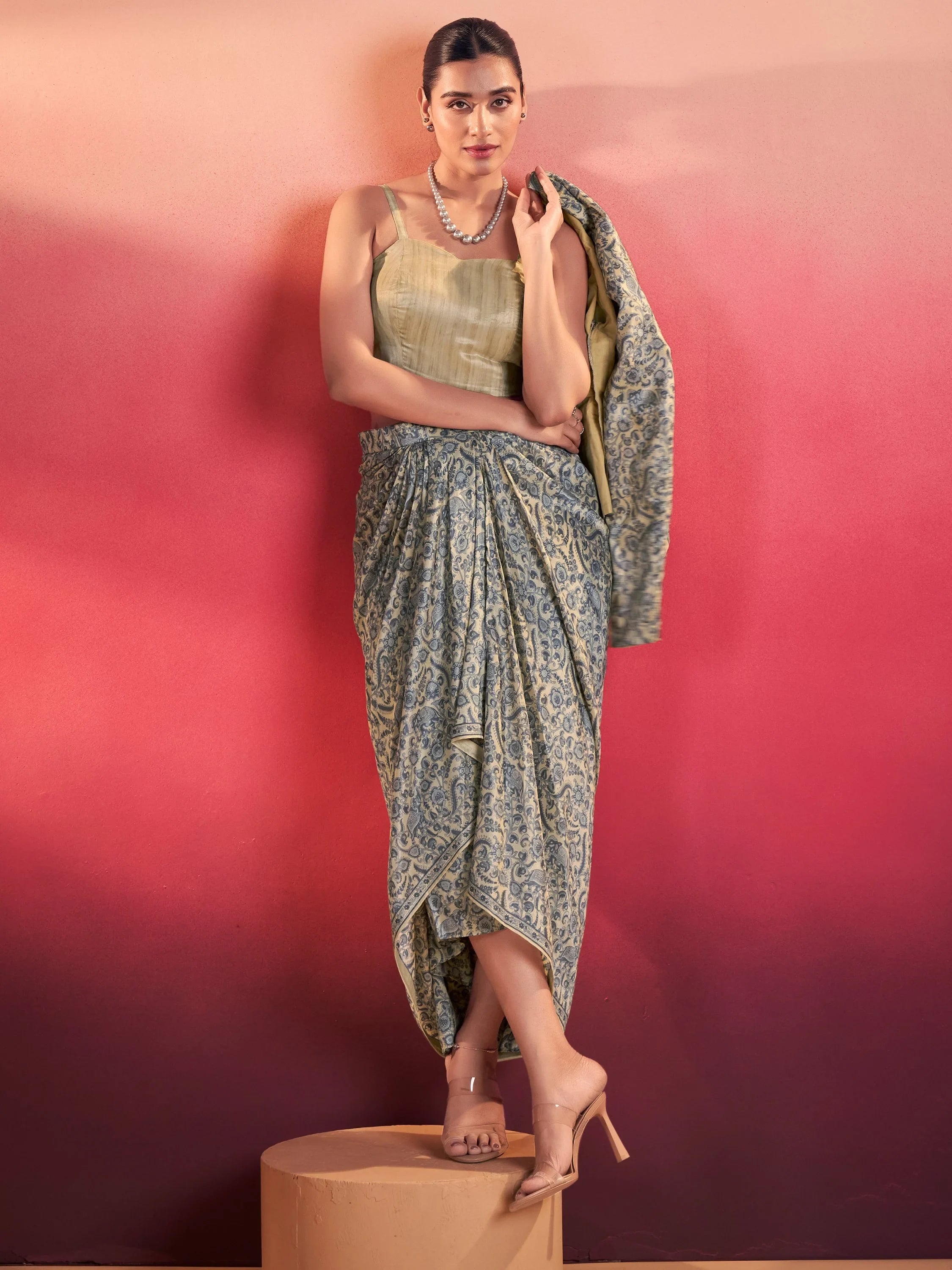 Gorgeous Blue Event Wear Crop Top With Drape Lehenga And Jacket