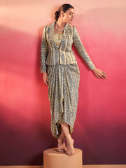 Gorgeous Blue Event Wear Crop Top With Drape Lehenga And Jacket