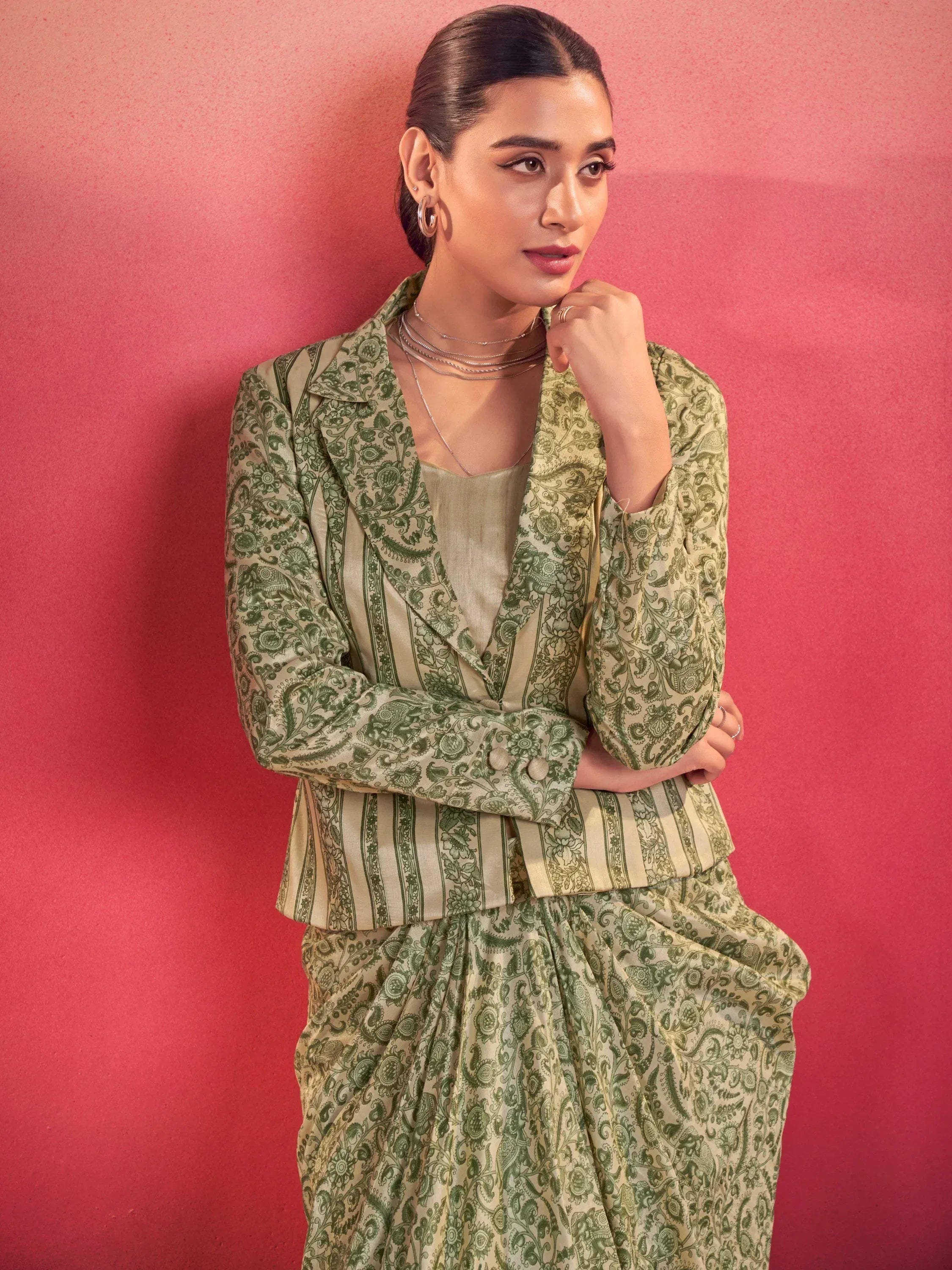 Charming Green Mehendi Wear Crop Top With Draped Lehenga And Jacket