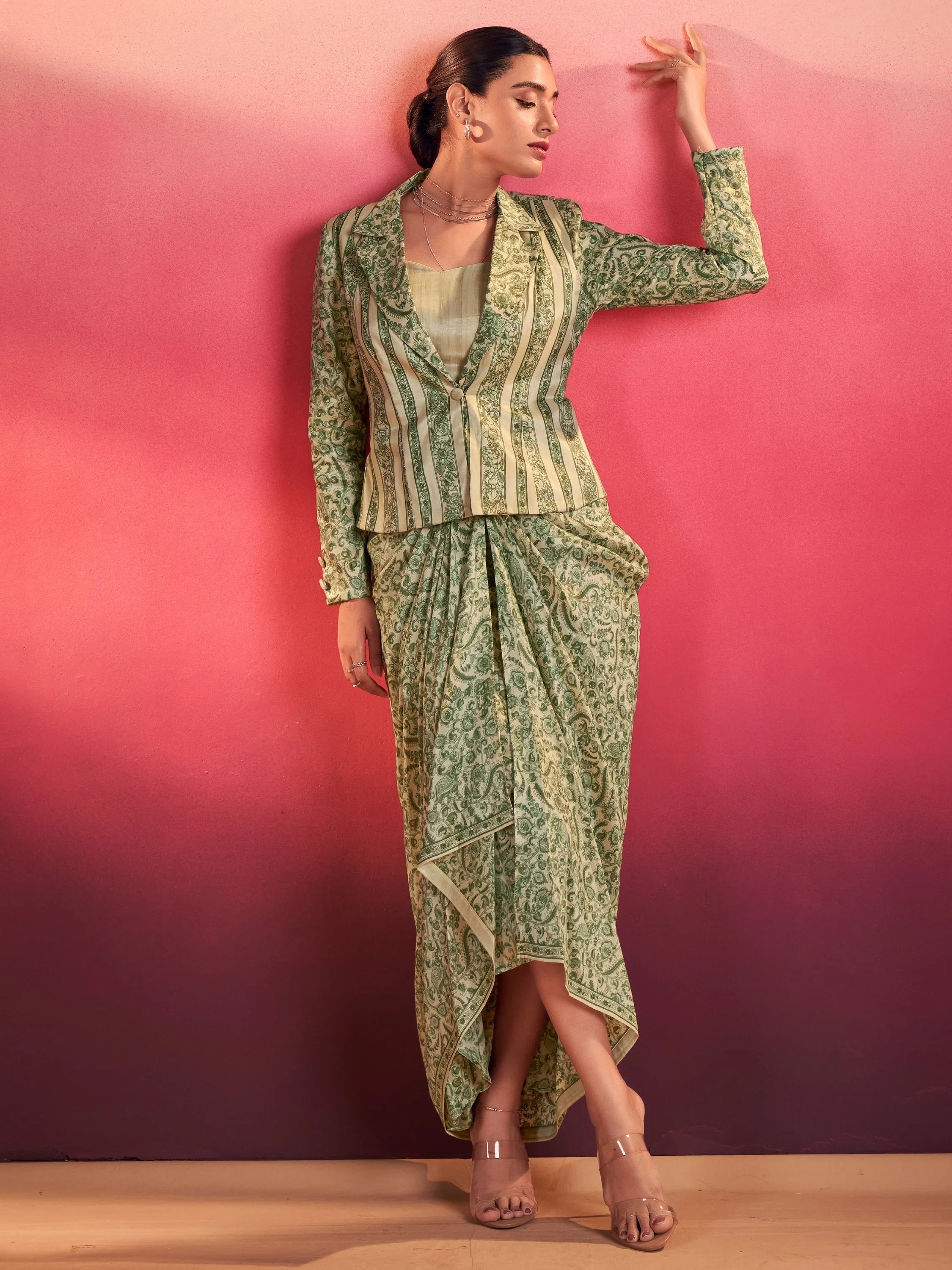 Charming Green Mehendi Wear Crop Top With Draped Lehenga And Jacket