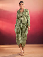 Charming Green Mehendi Wear Crop Top With Draped Lehenga And Jacket