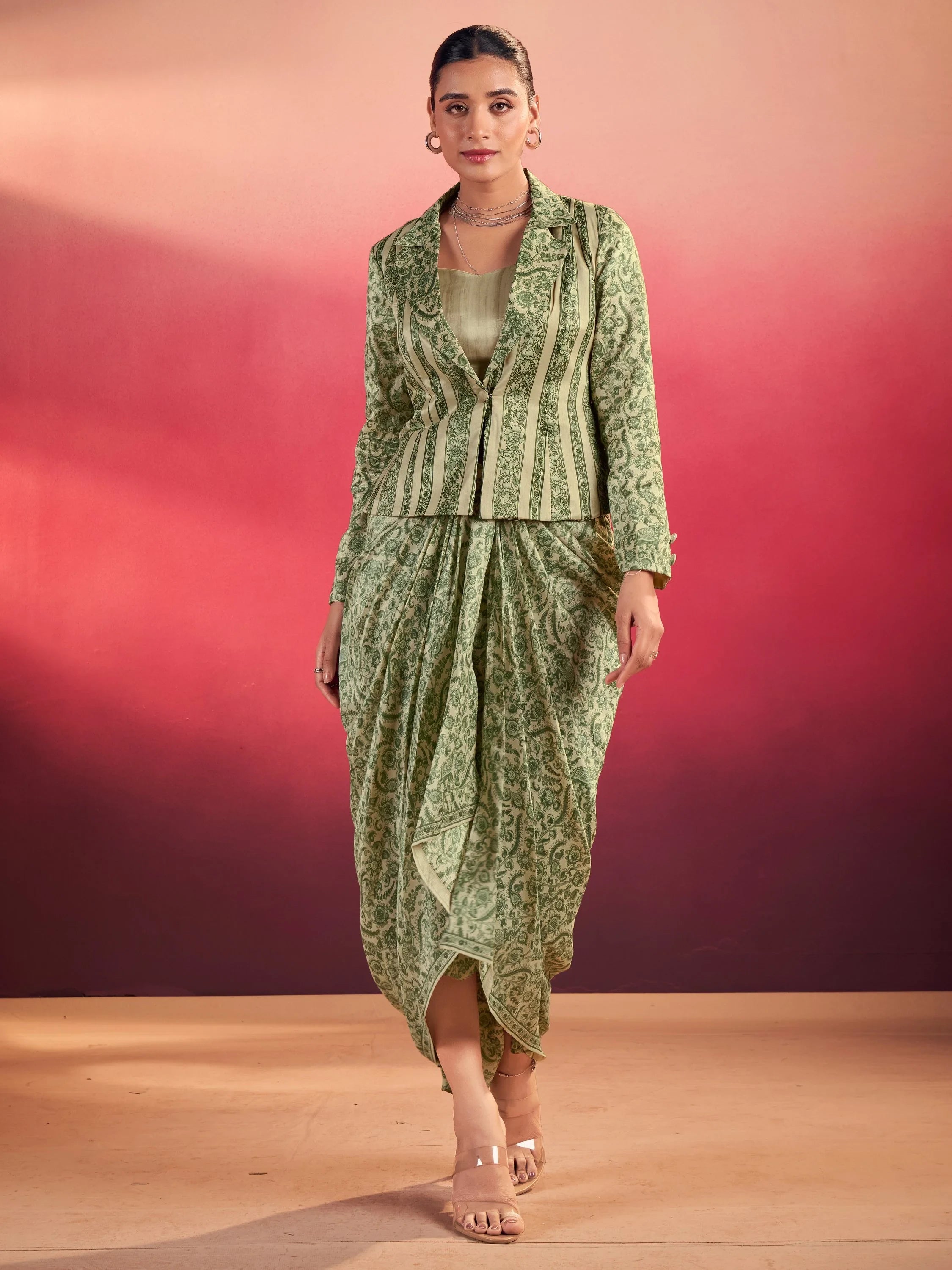 Charming Green Mehendi Wear Crop Top With Draped Lehenga And Jacket