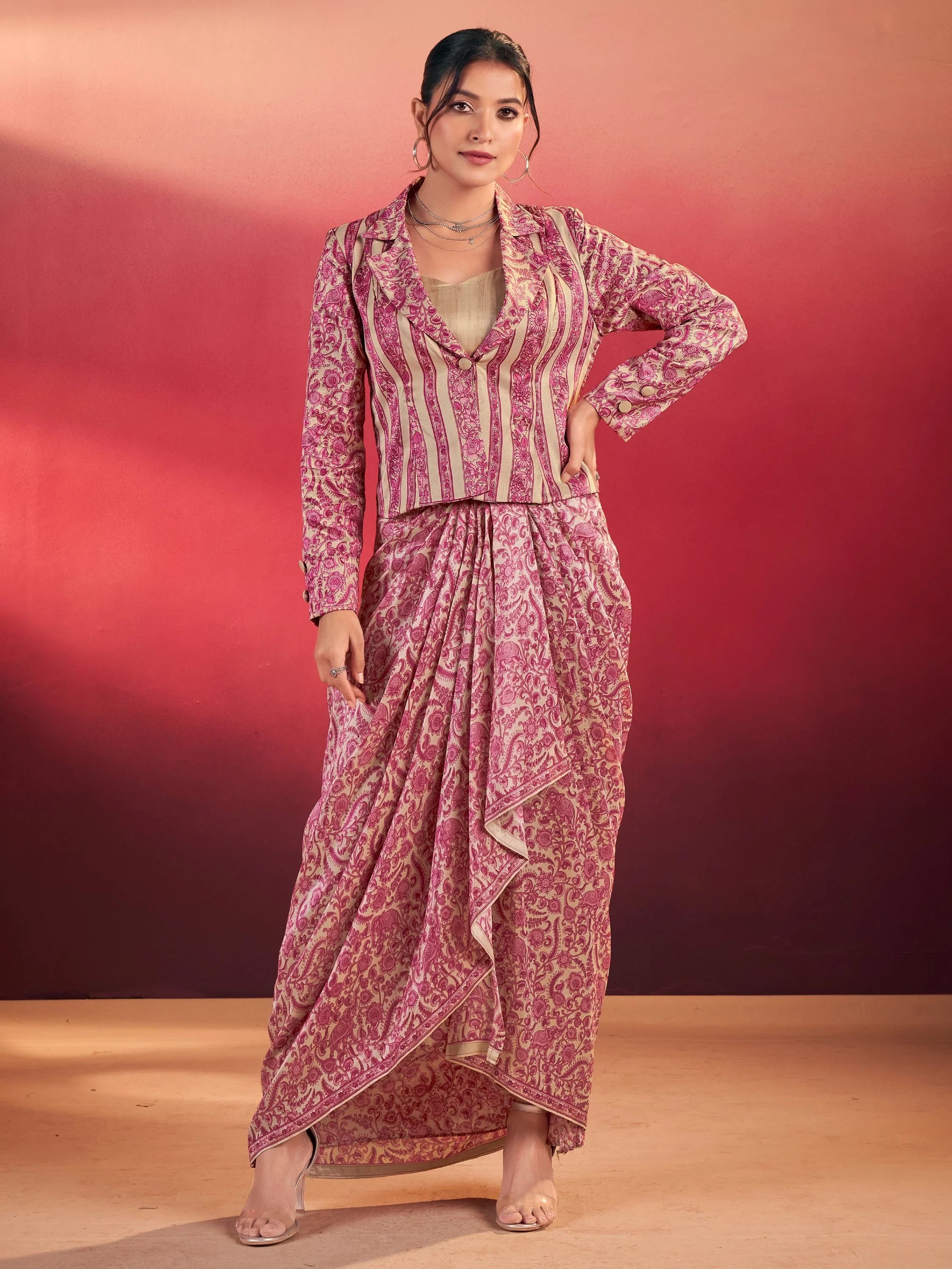 Lovely Rani Pink Wedding Wear Crop Top With Drape Lehenga And Jacket