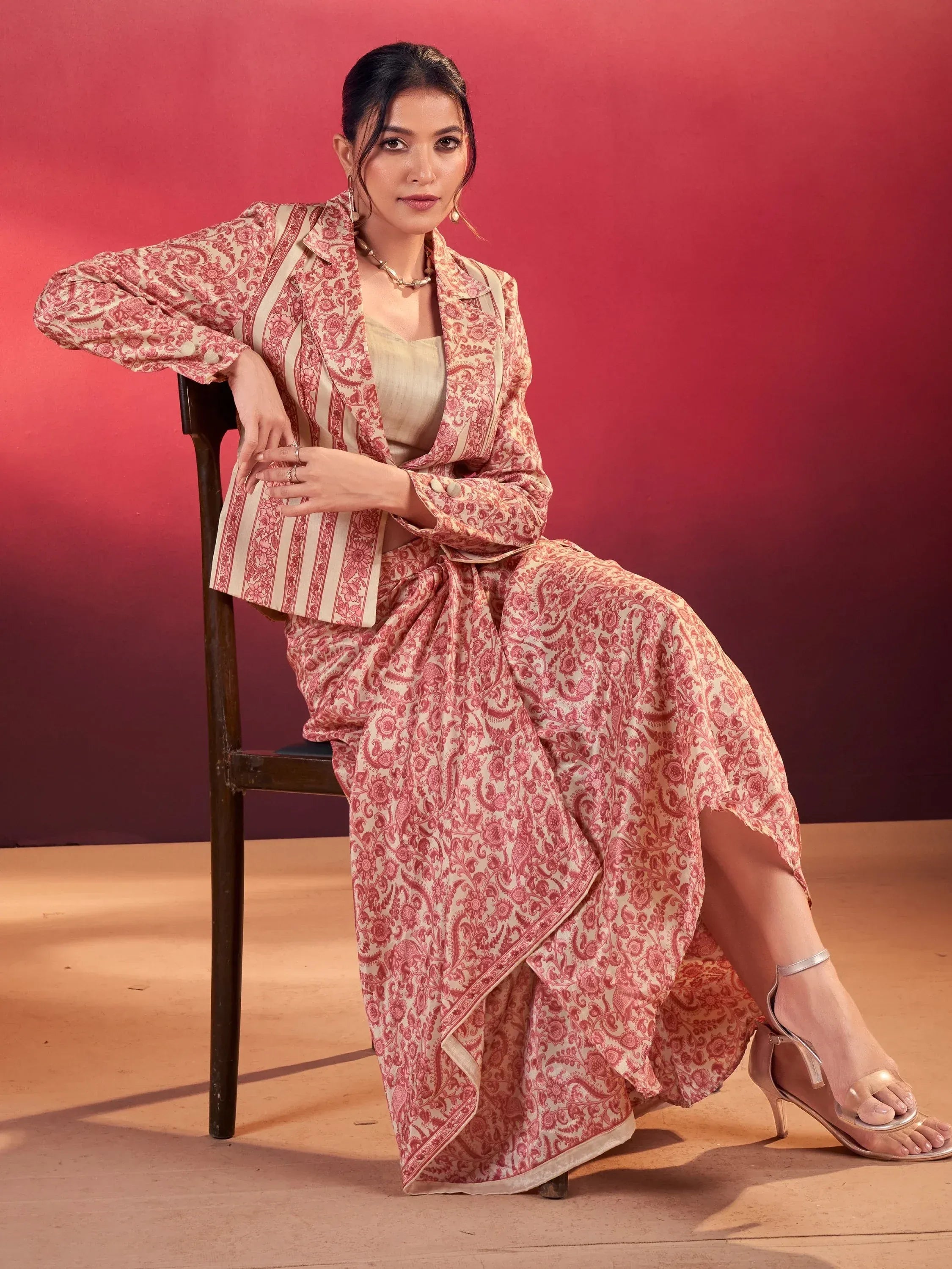 Chic Pink Silk Party Wear Crop Top With Drape Lehenga And Jacket