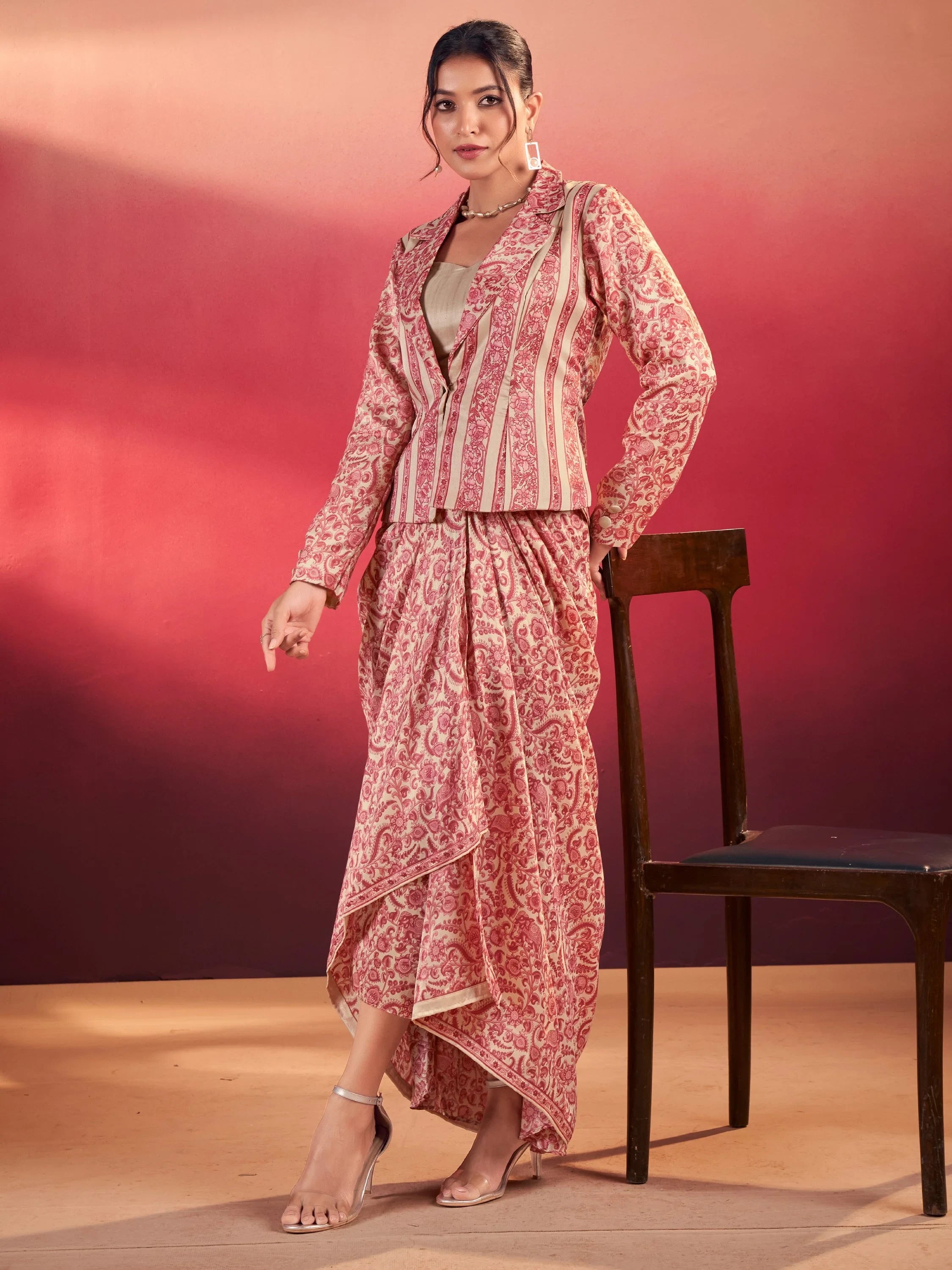Chic Pink Silk Party Wear Crop Top With Drape Lehenga And Jacket