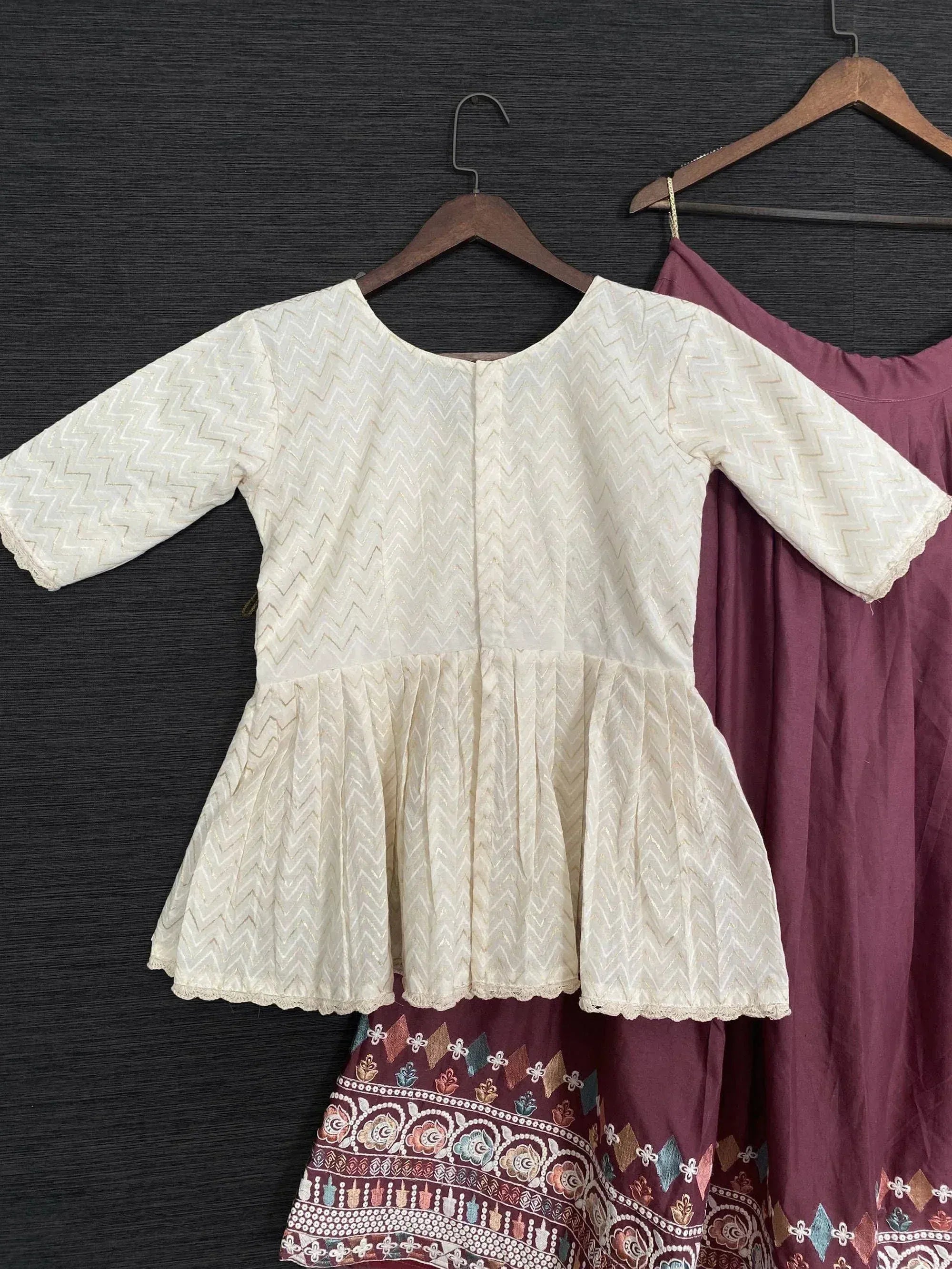Cream chevron print peplum top with maroon embroidered skirt, Indian ethnic wear