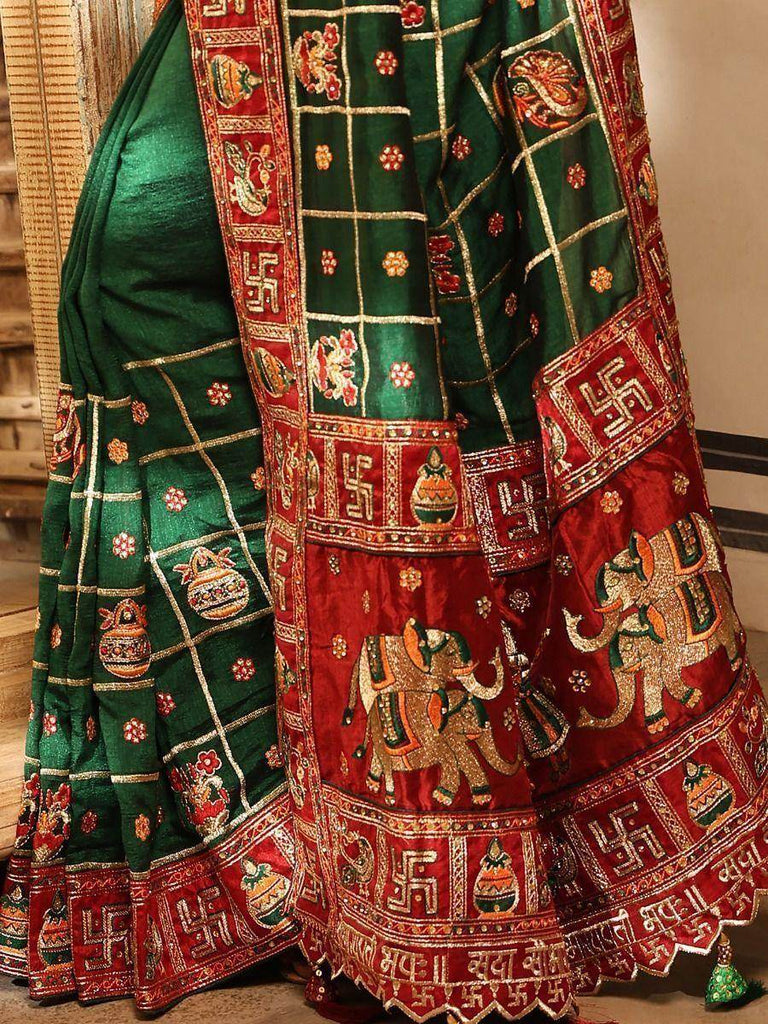 Pleasant Green Embroidered Silk Wedding Wear Panetar Saree With Blouse