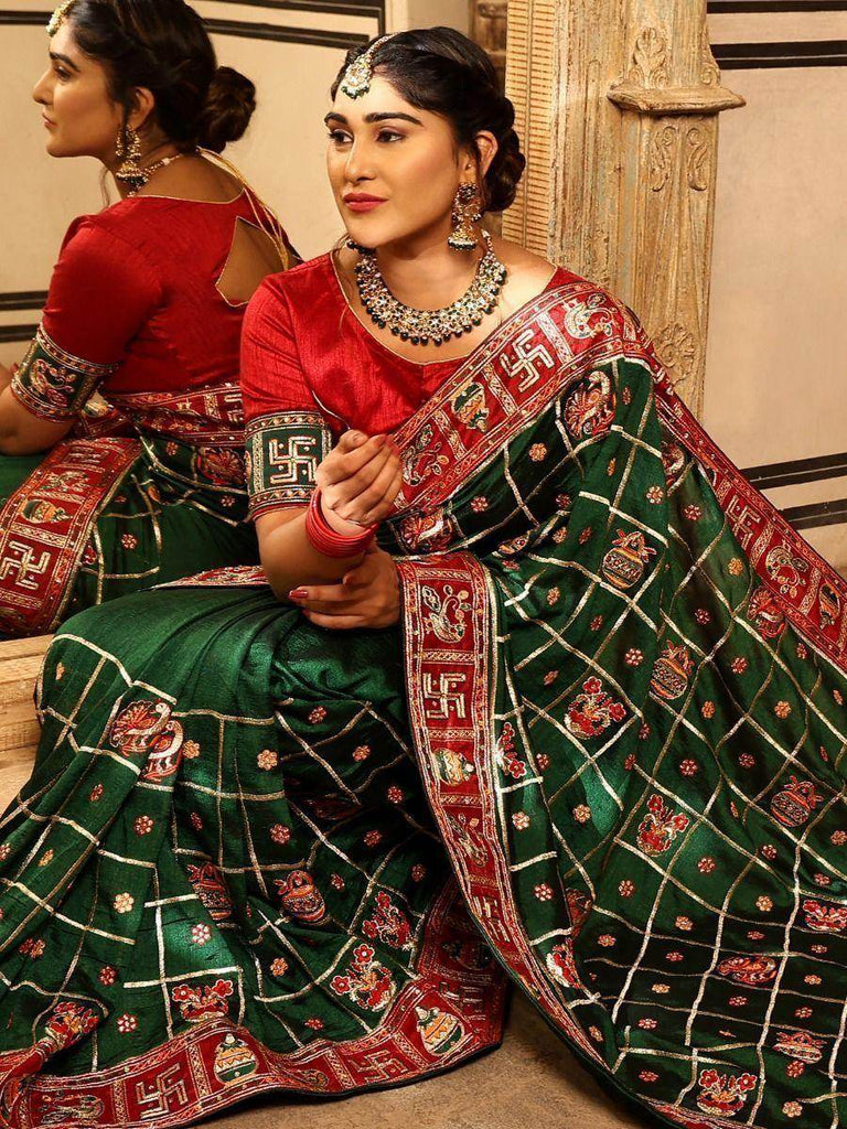 Pleasant Green Embroidered Silk Wedding Wear Panetar Saree With Blouse