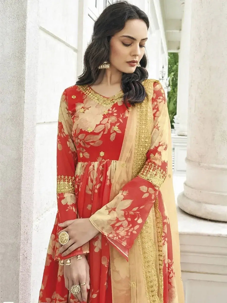 Amazing Red Digital Print Georgette Readymade Sharara Suit