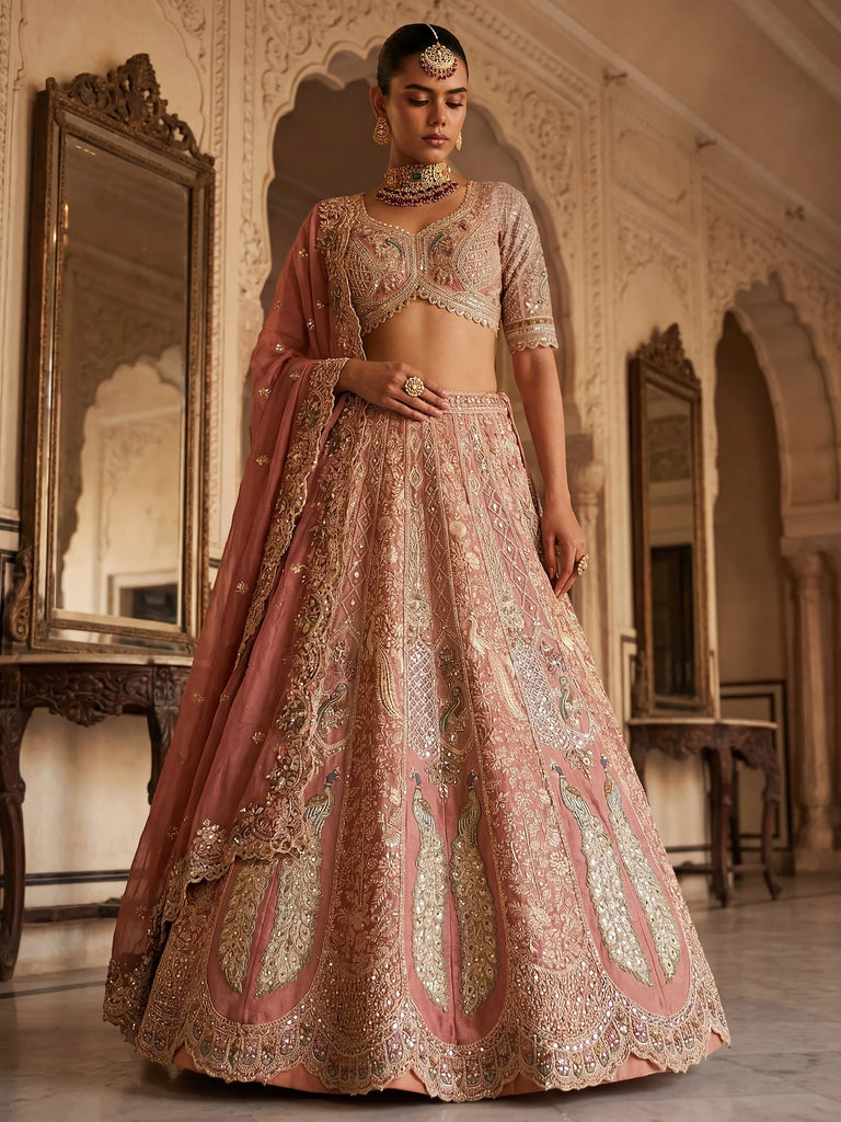 Royal Peach Heavy Embroidered Tissue Wedding Wear Lehenga With Blouse