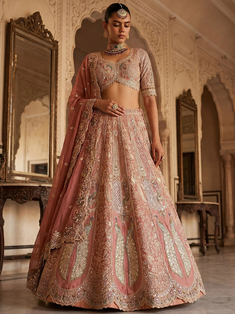 Royal Peach Heavy Embroidered Tissue Wedding Wear Lehenga With Blouse