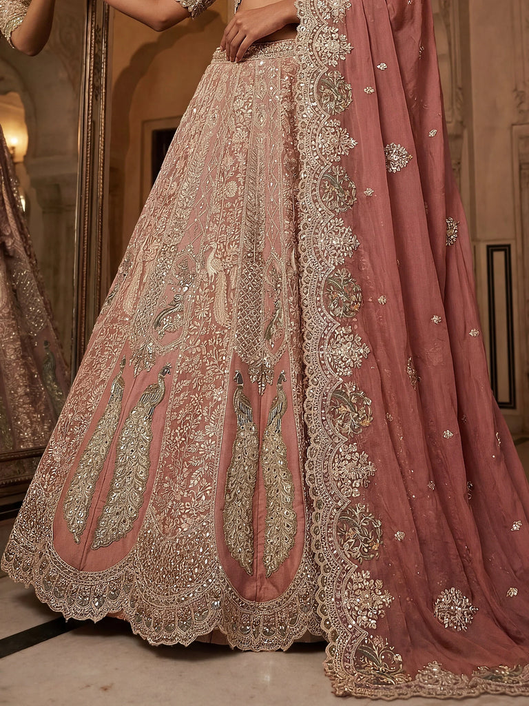 Royal Peach Heavy Embroidered Tissue Wedding Wear Lehenga With Blouse
