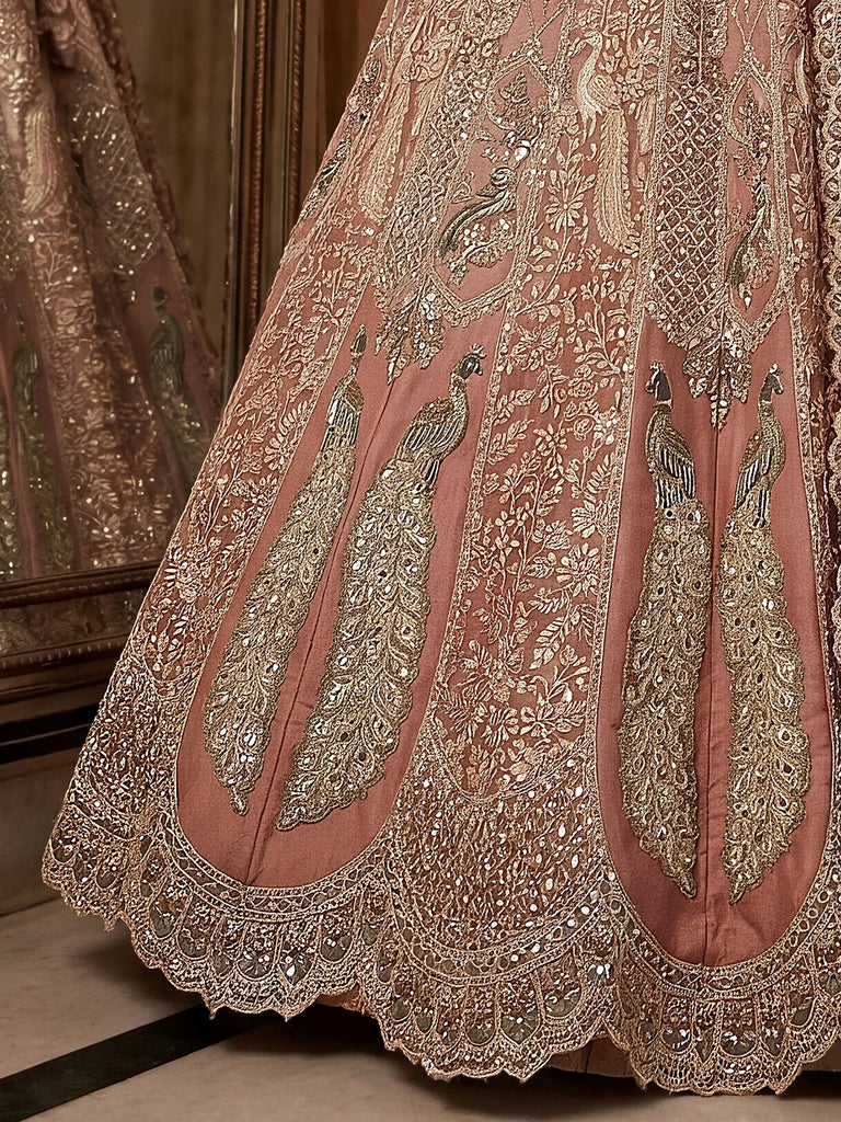 Royal Peach Heavy Embroidered Tissue Wedding Wear Lehenga With Blouse