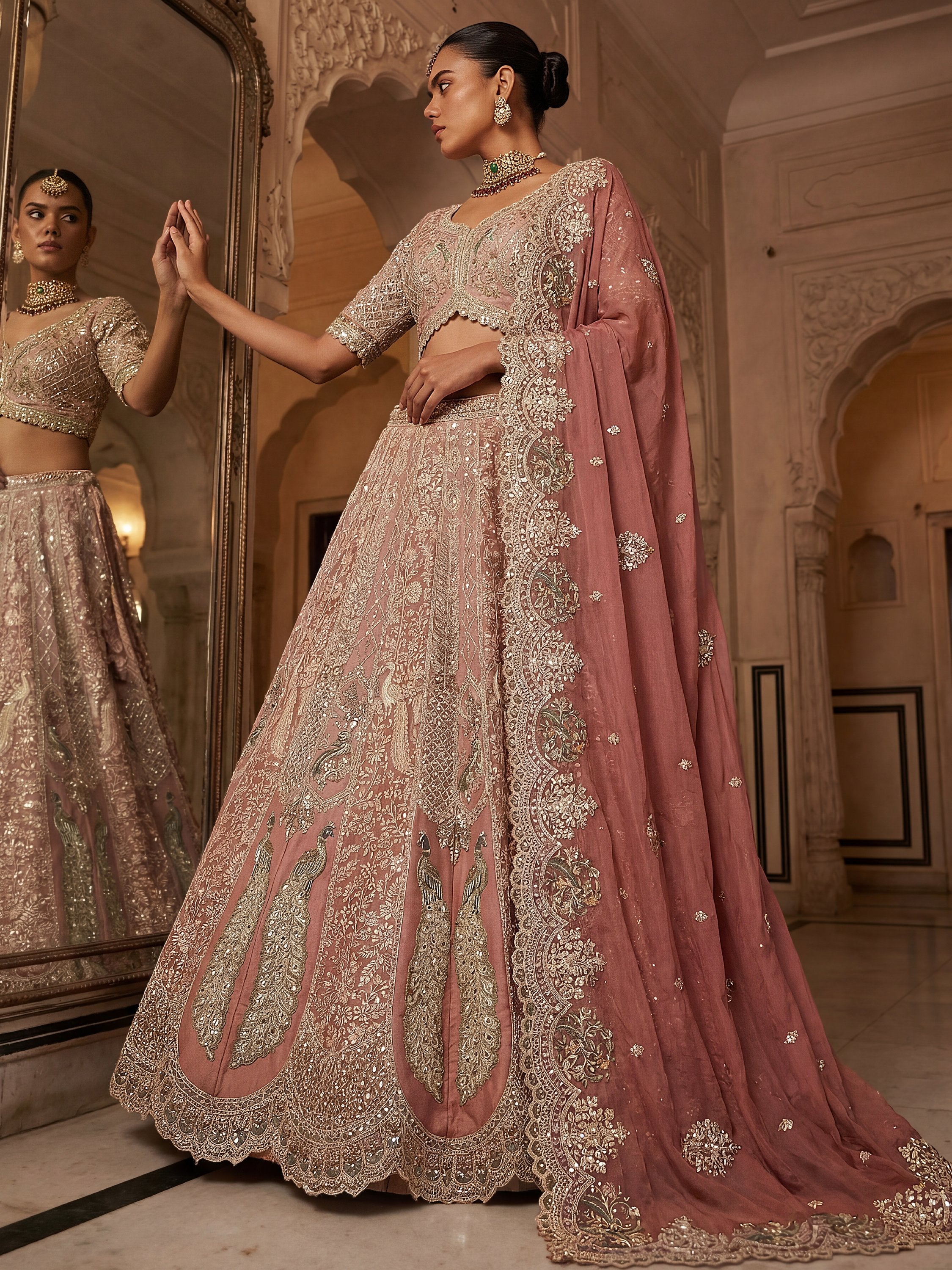 Royal Peach Heavy Embroidered Tissue Bridal Lehenga With Blouse