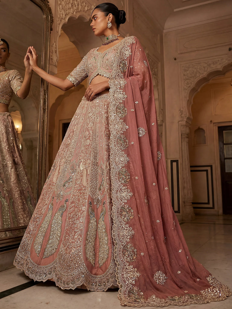 Royal Peach Heavy Embroidered Tissue Wedding Wear Lehenga With Blouse