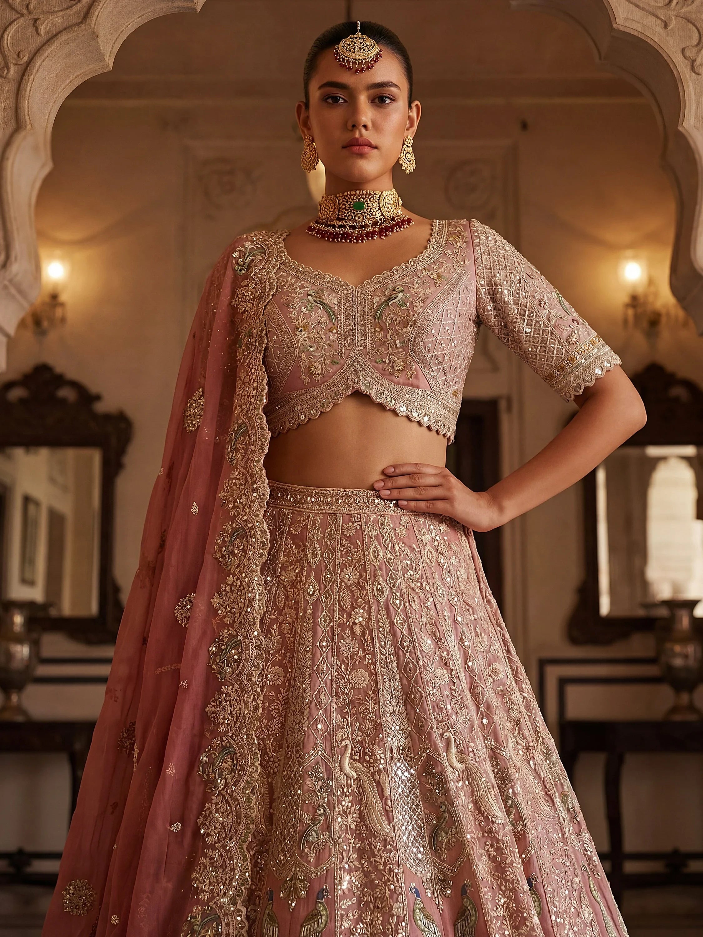 Royal Peach Heavy Embroidered Tissue Wedding Wear Lehenga With Blouse