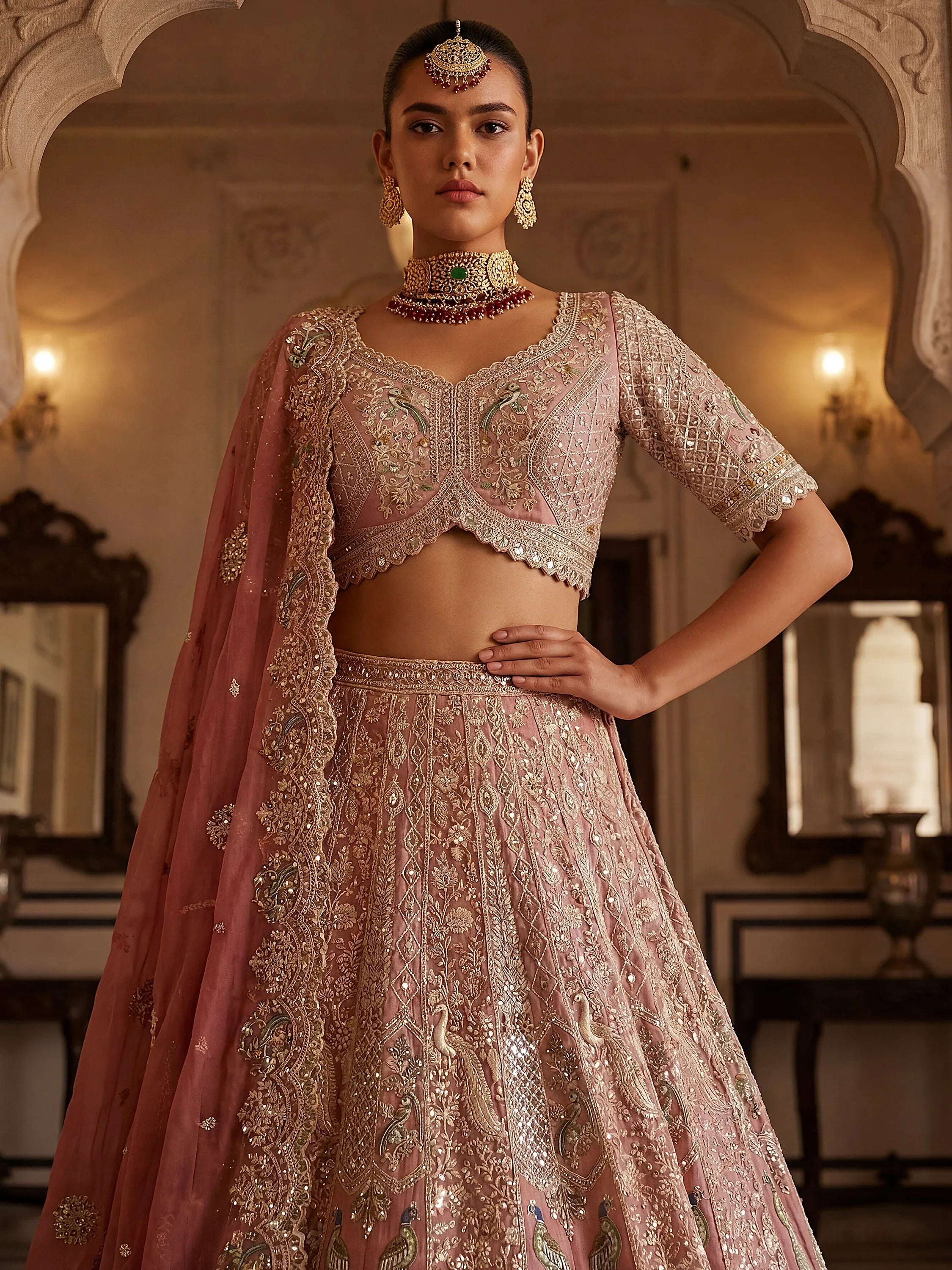 Royal Peach Heavy Embroidered Tissue Wedding Wear Lehenga With Blouse