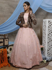 Amazing Peach Net Event Wear Lehenga Choli With Jacket