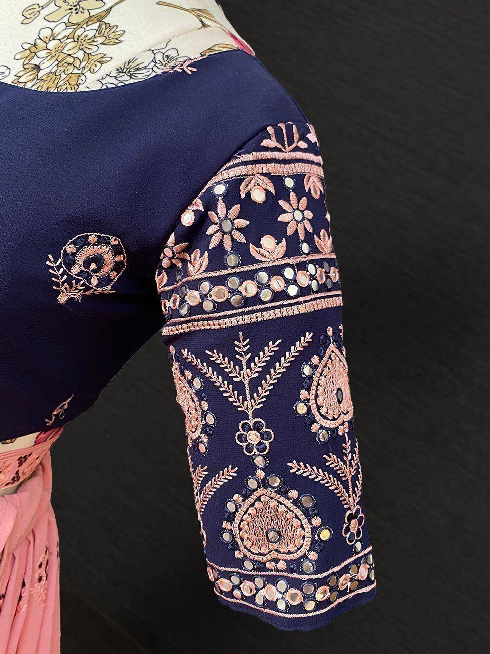 Navy blue ethnic blouse with pink floral embroidery and mirror work, perfect for Indian wear