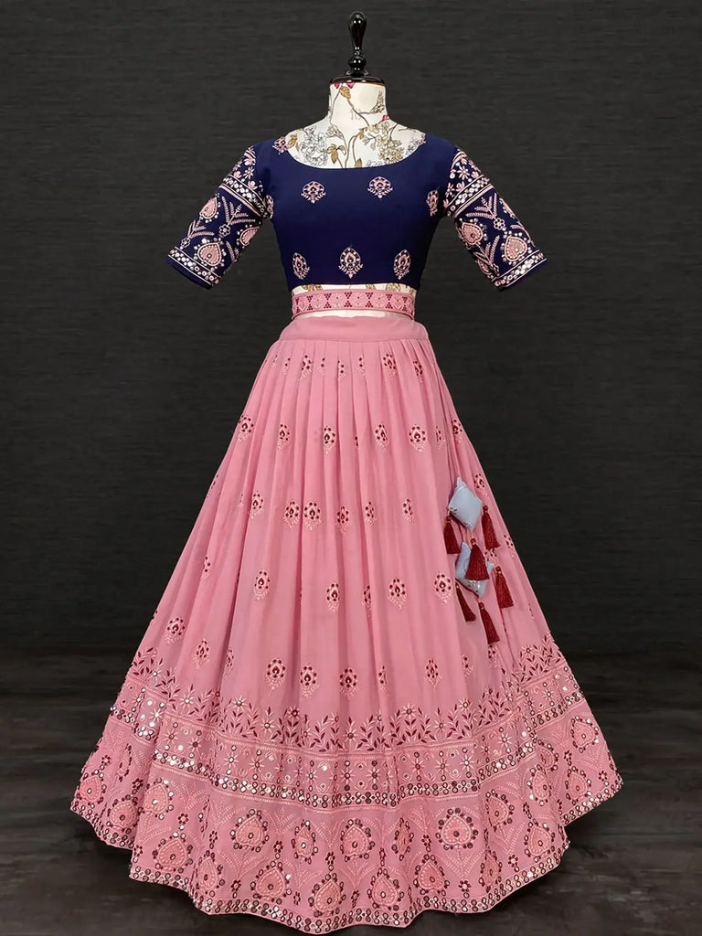 Graceful Pink Thread Paper Mirror Georgette Party Wear Lehenga Choli