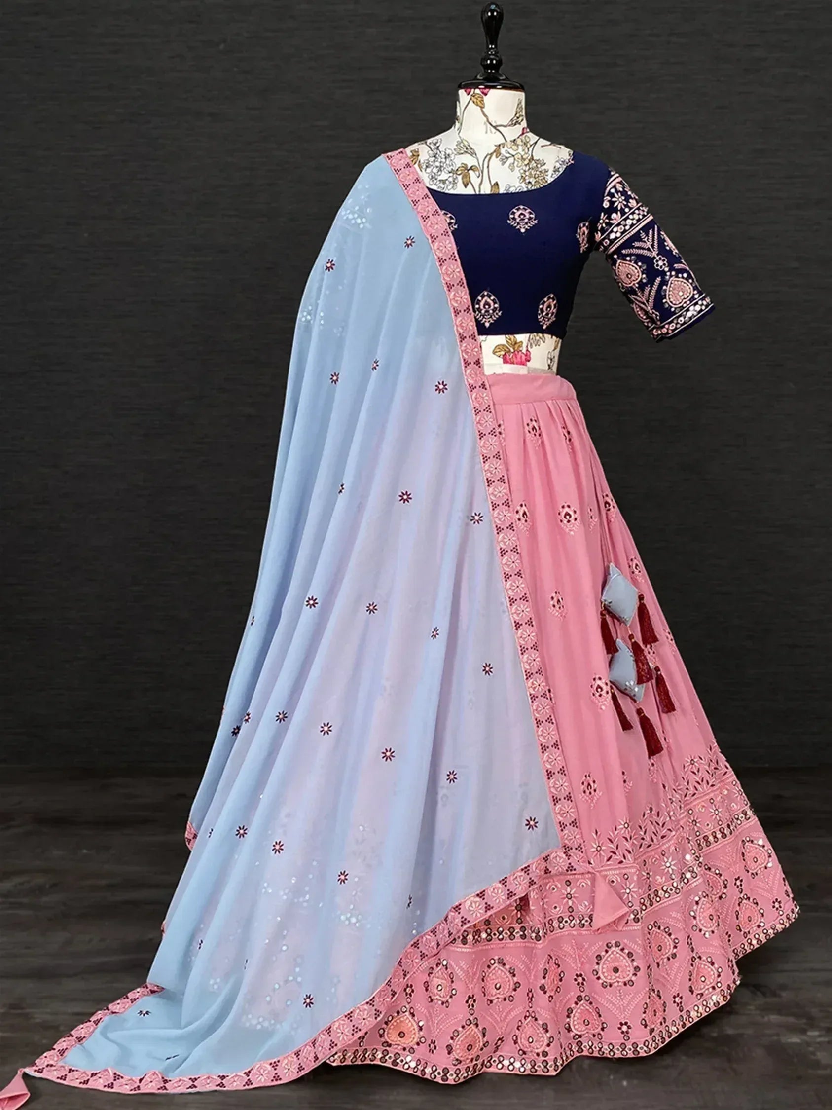 Pink and navy blue embroidered lehenga choli with light blue dupatta, Indian ethnic wear