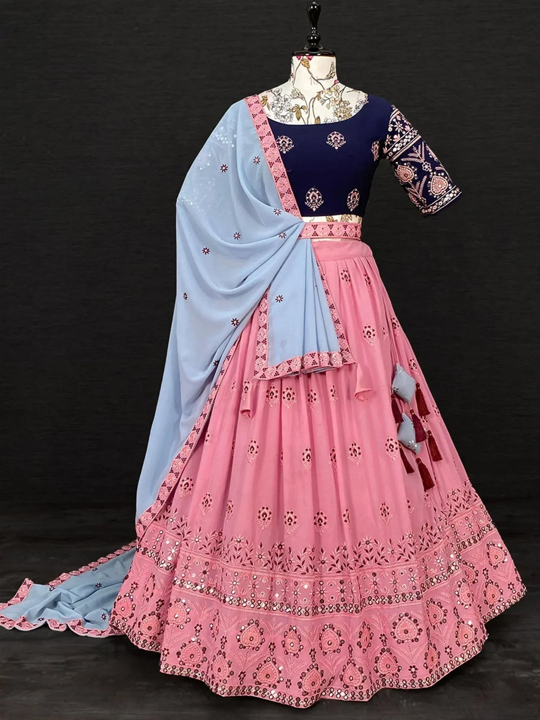 Pink and navy blue embroidered lehenga choli with light blue dupatta, Indian ethnic wear