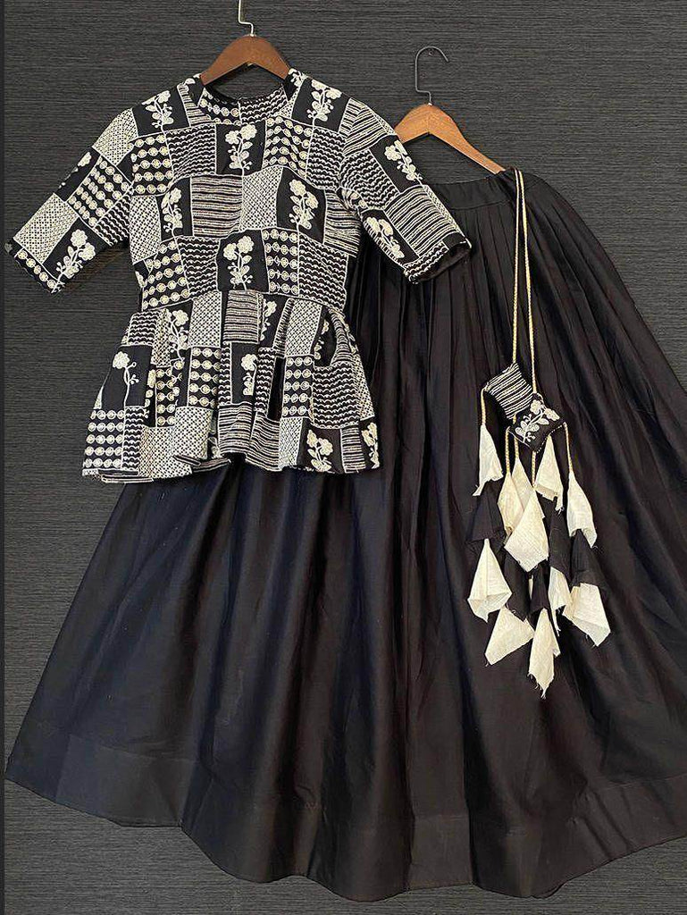 Pretty Black Embroidered Cotton Readymade Peplum Top Lehenga