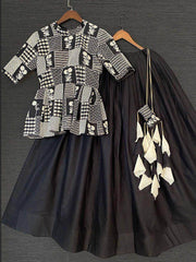 Pretty Black Embroidered Cotton Readymade Peplum Top Lehenga