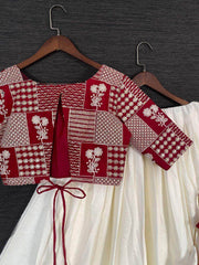 Lovable White Embroidered Cotton Readymade Crop Top Lehenga