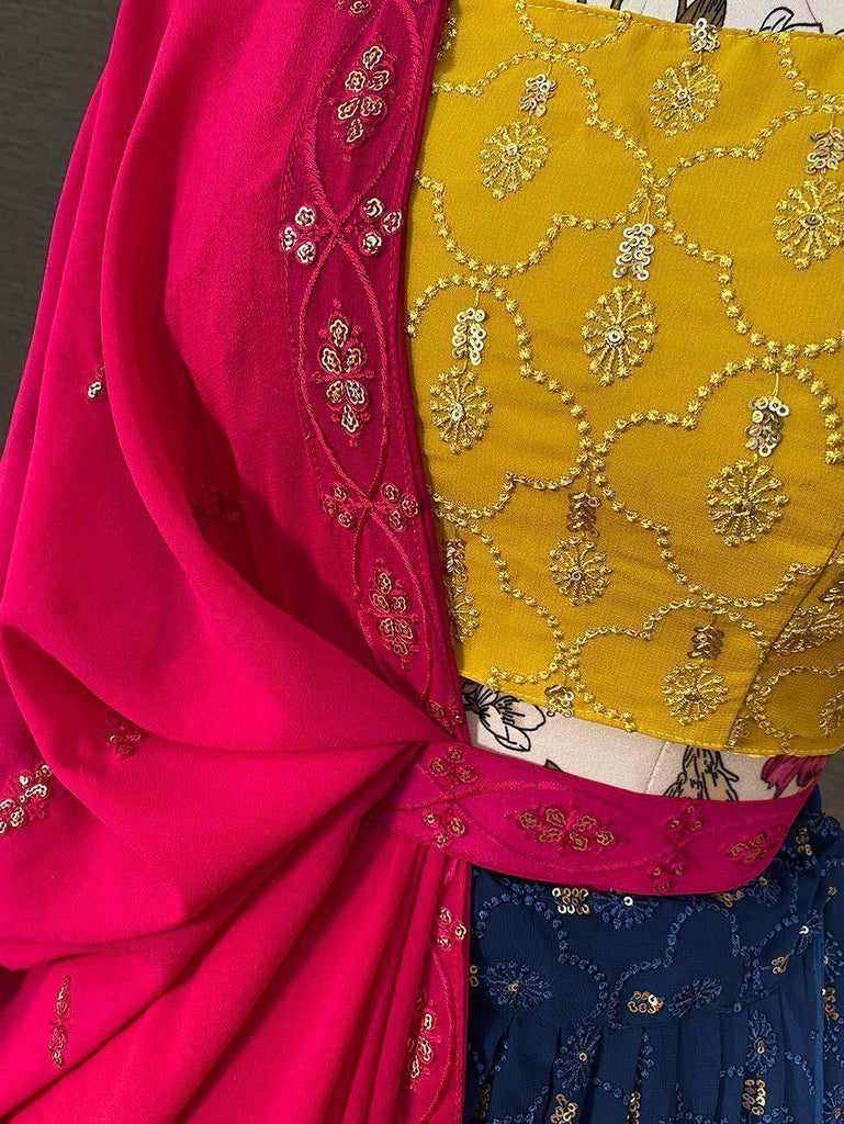 Dazzling Navy Blue Thread-Embroidered Lehenga Choli With Dupatta