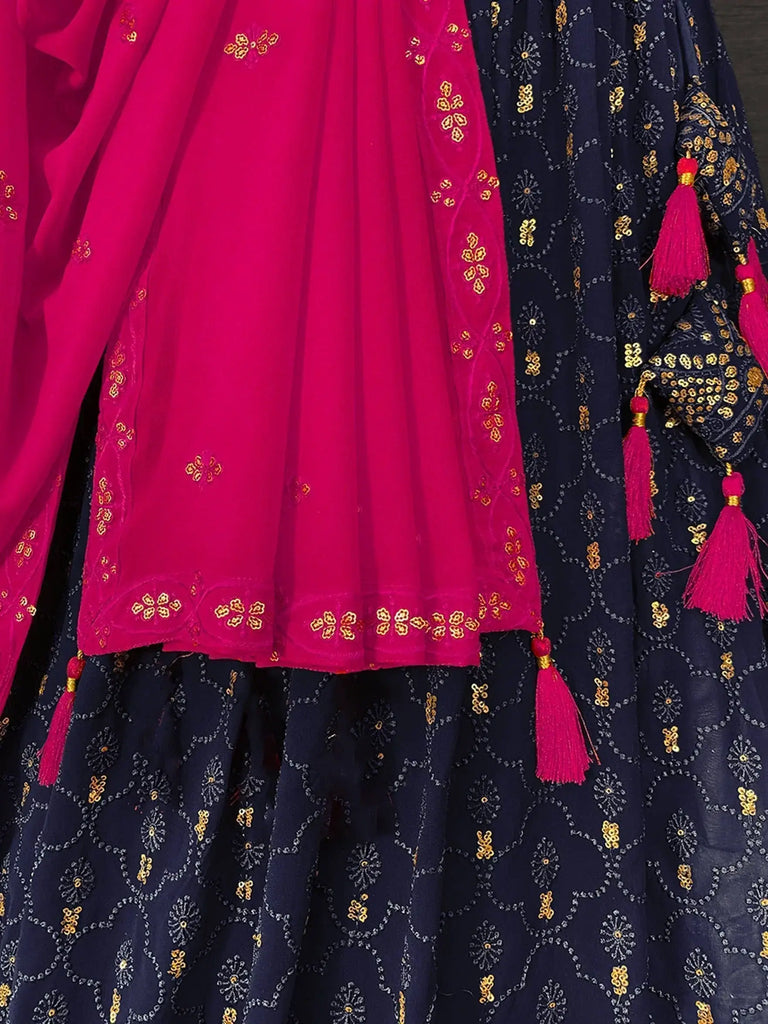Dazzling Navy Blue Thread-Embroidered Lehenga Choli With Dupatta