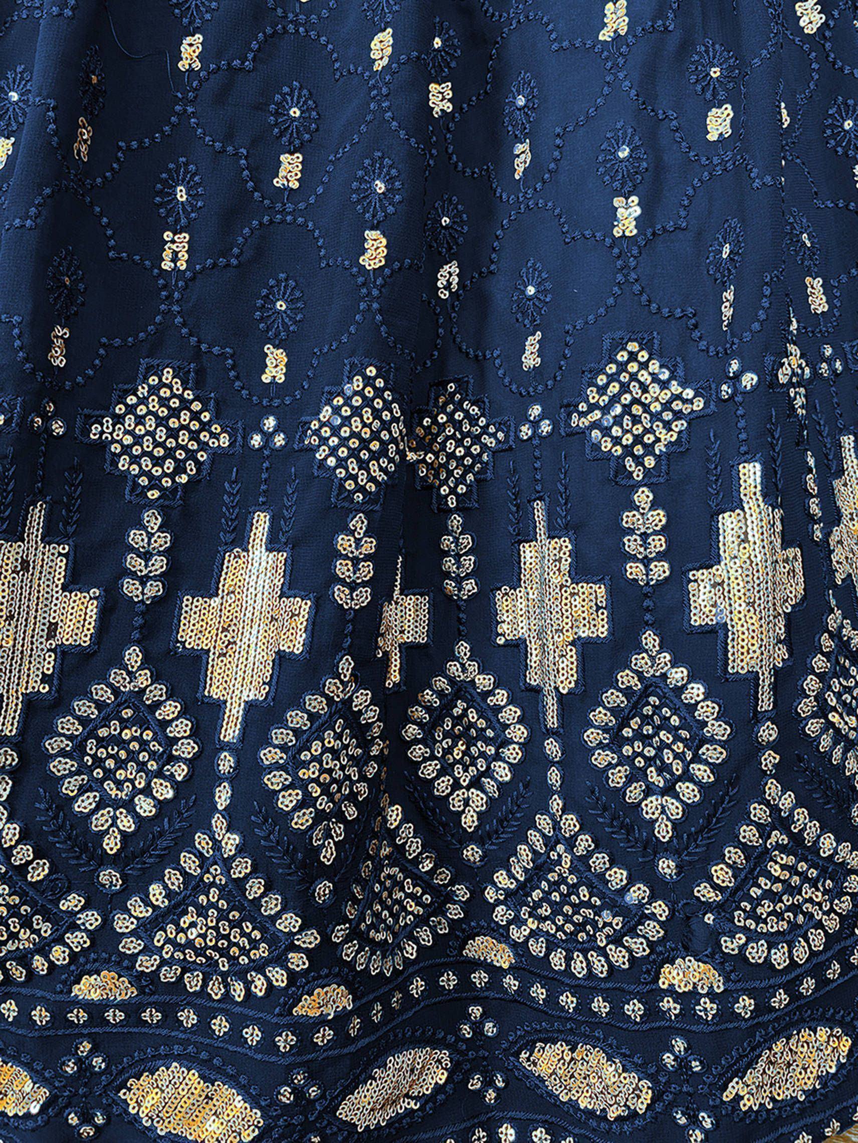 Navy blue ethnic wear with gold sequin and thread embroidery, featuring floral and geometric patterns.