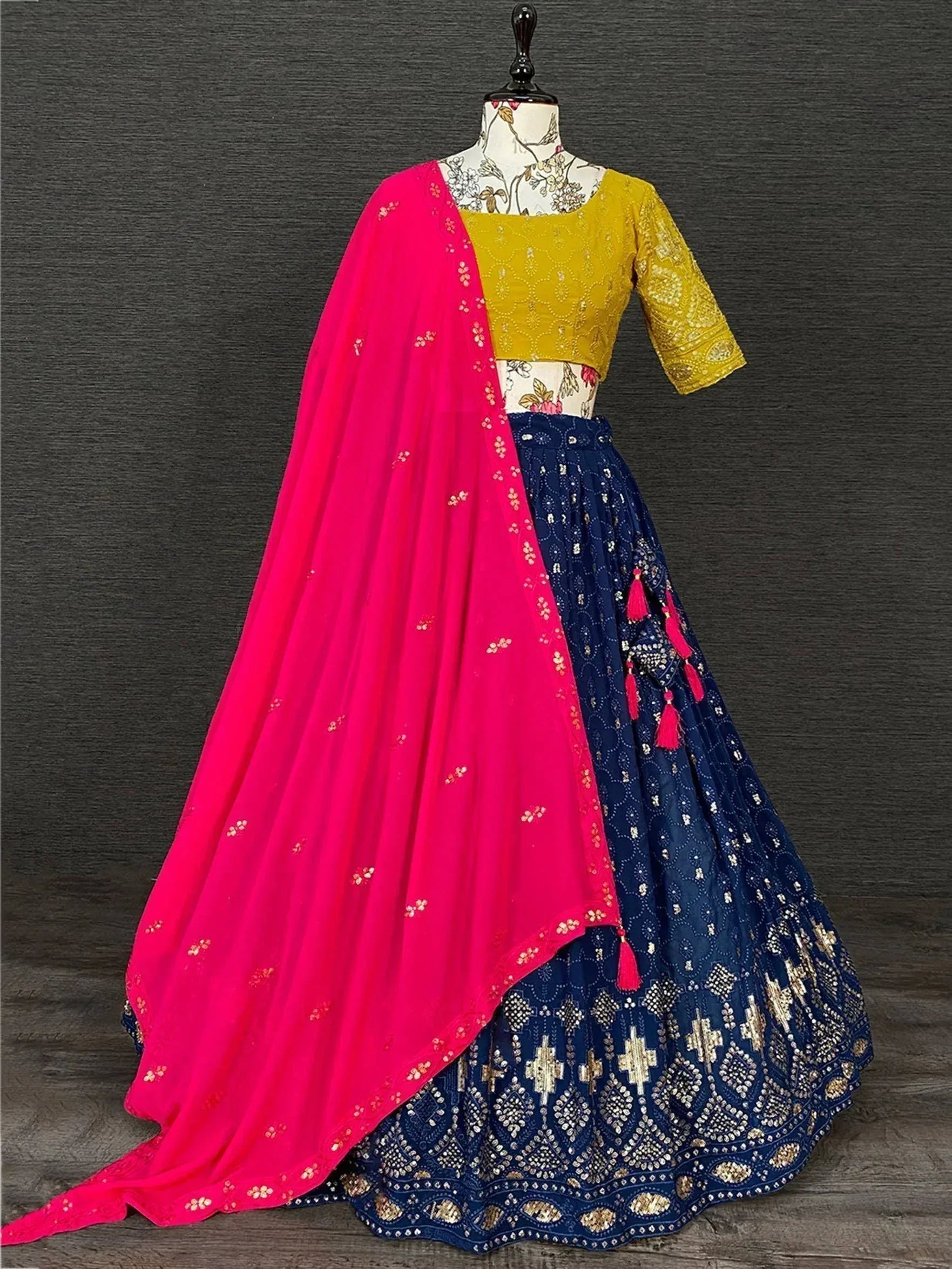 Yellow embroidered blouse with navy blue lehenga and pink dupatta, Indian ethnic wear