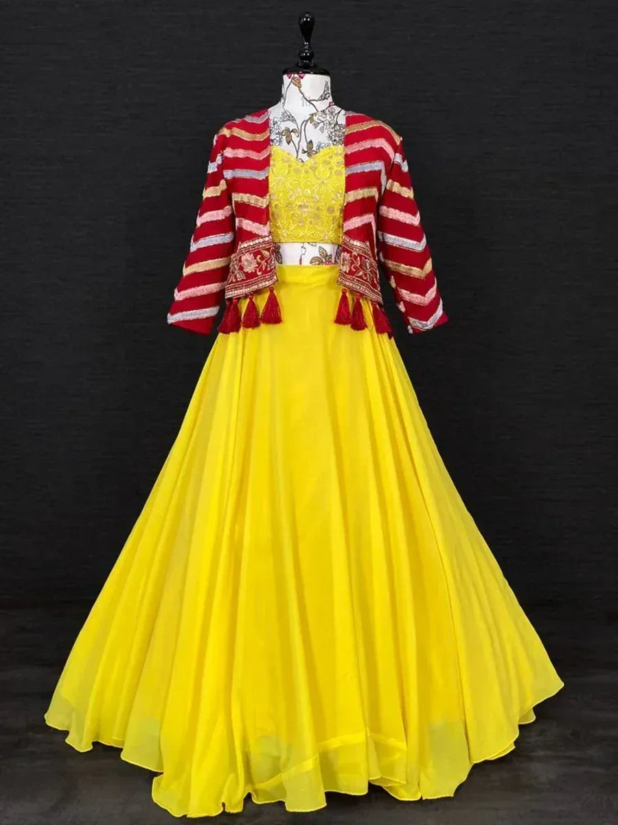 Yellow lehenga choli with red striped jacket, perfect for Indian ethnic wear and festive occasions