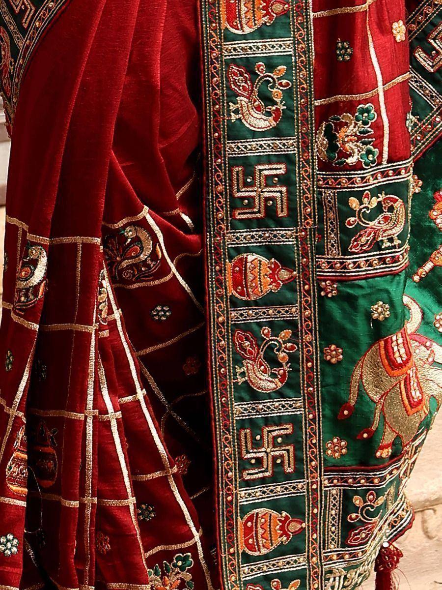 Fascinating Red Embroidered Silk Wedding Wear Panetar Saree With Blouse